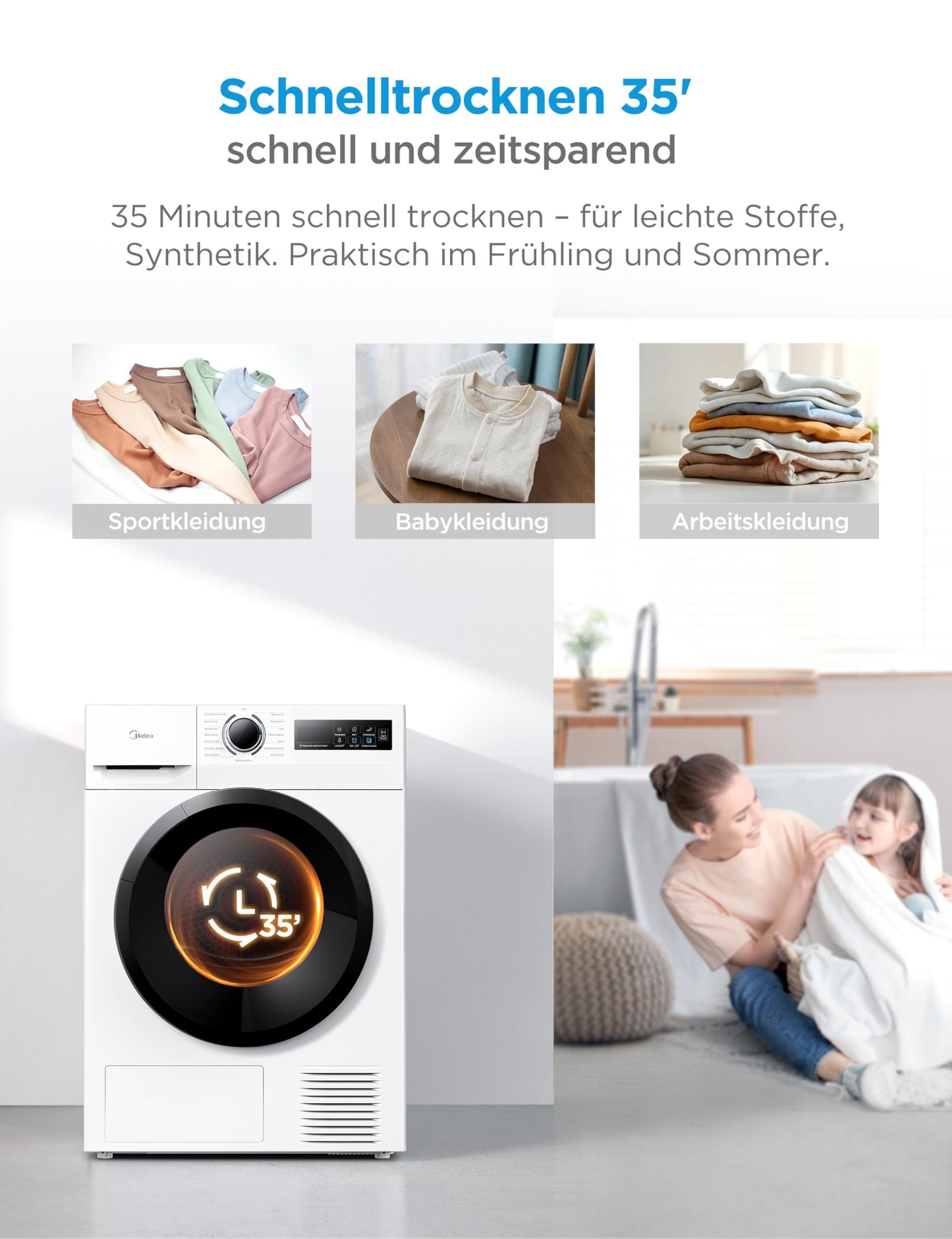 Midea MD11EH70BD Heat Pump Dryer, 7 kg, Energy Class D, Quick Dry 35', HealthGuard, Sensor Drying, Refresh, Wrinkle Resistant, Refresh Wool, White