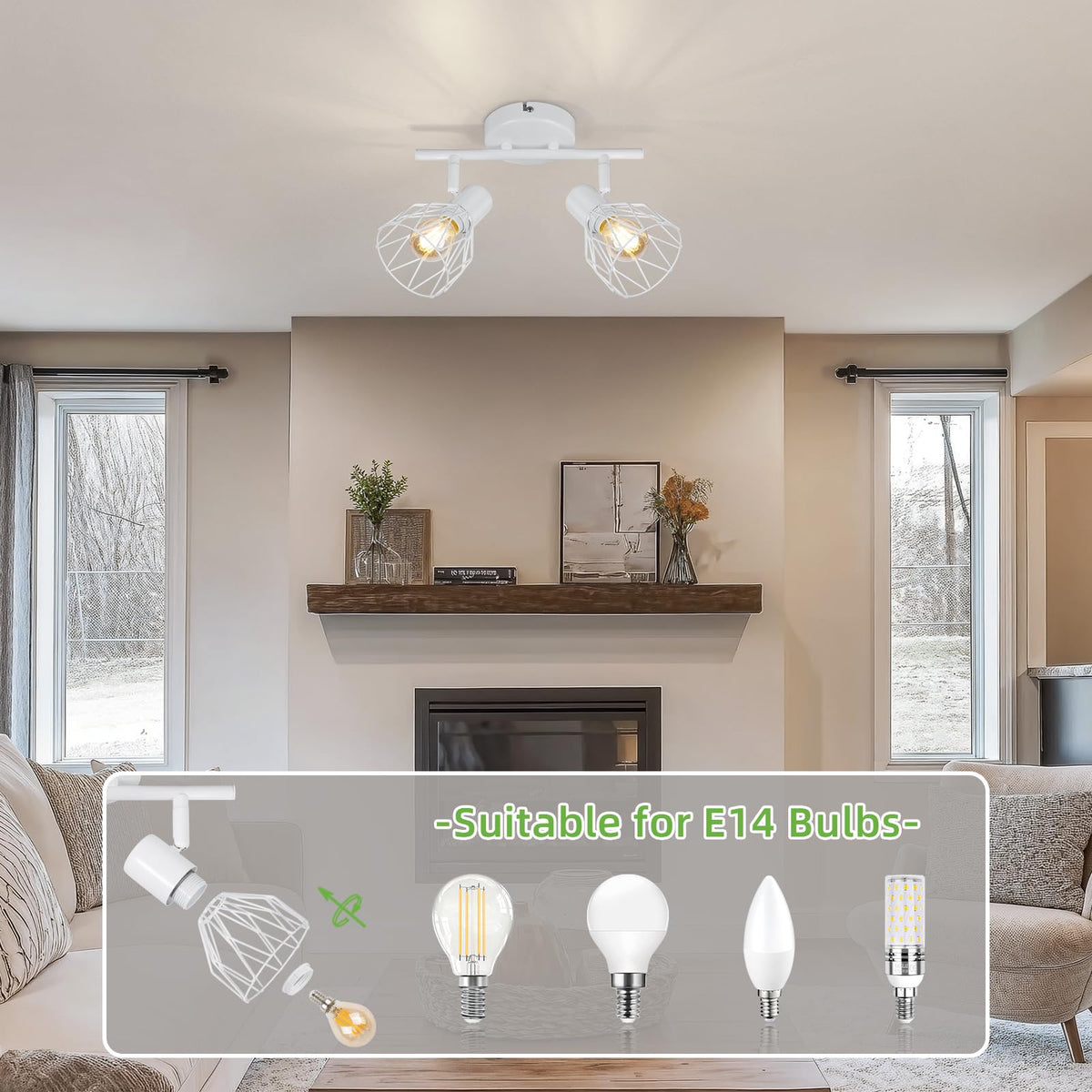 Kimjo 6-Bulb LED Ceiling Spotlight, Swivelling E14 Ceiling Spotlight, Black 6-Bulb Ceiling Light For Living Room, LED Kitchen Ceiling Light, Without Bulbs