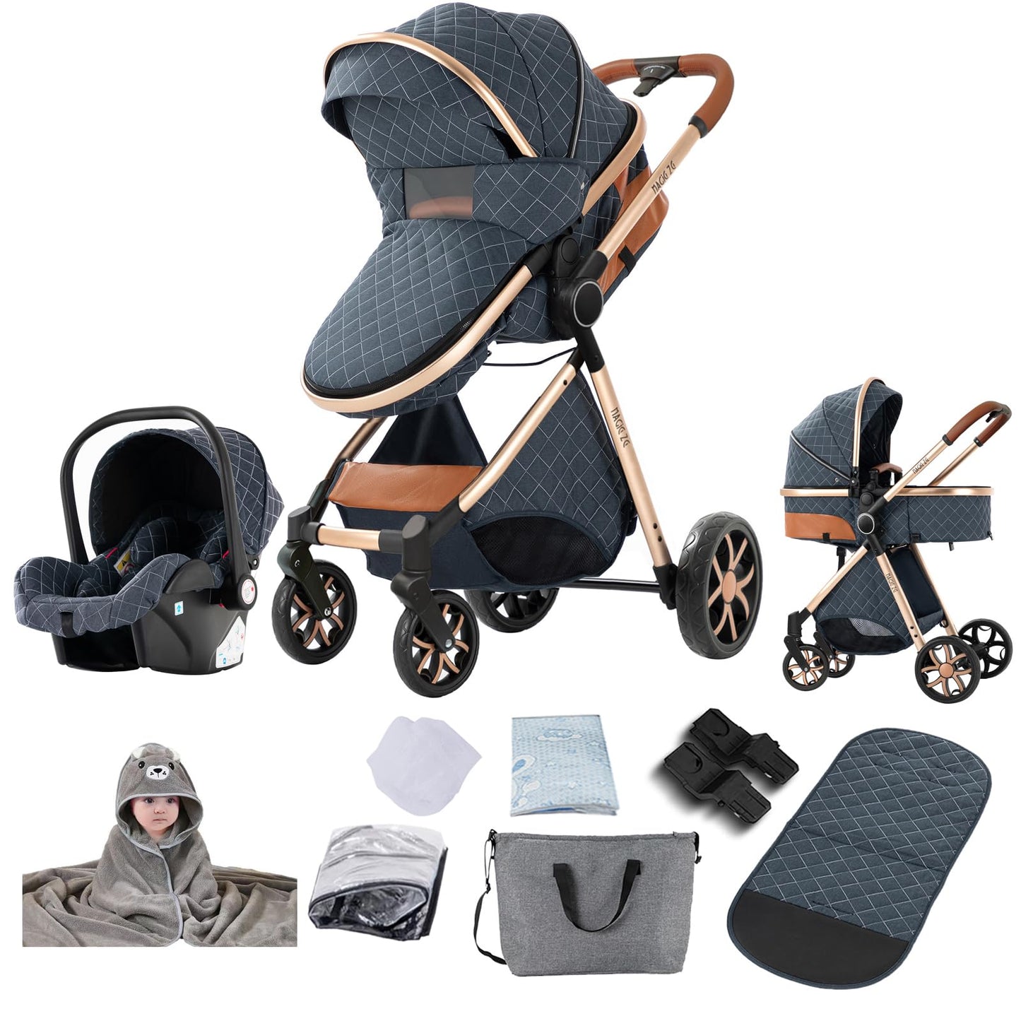 PU Leather Pushchair 3-in-1, Buggy with One-Click Folding Design, Pushchair with Two Reversible Sliding Modes, Combination Pushchair 3-in-1 Complete Set Frame Aluminium Alloy (518 Black)