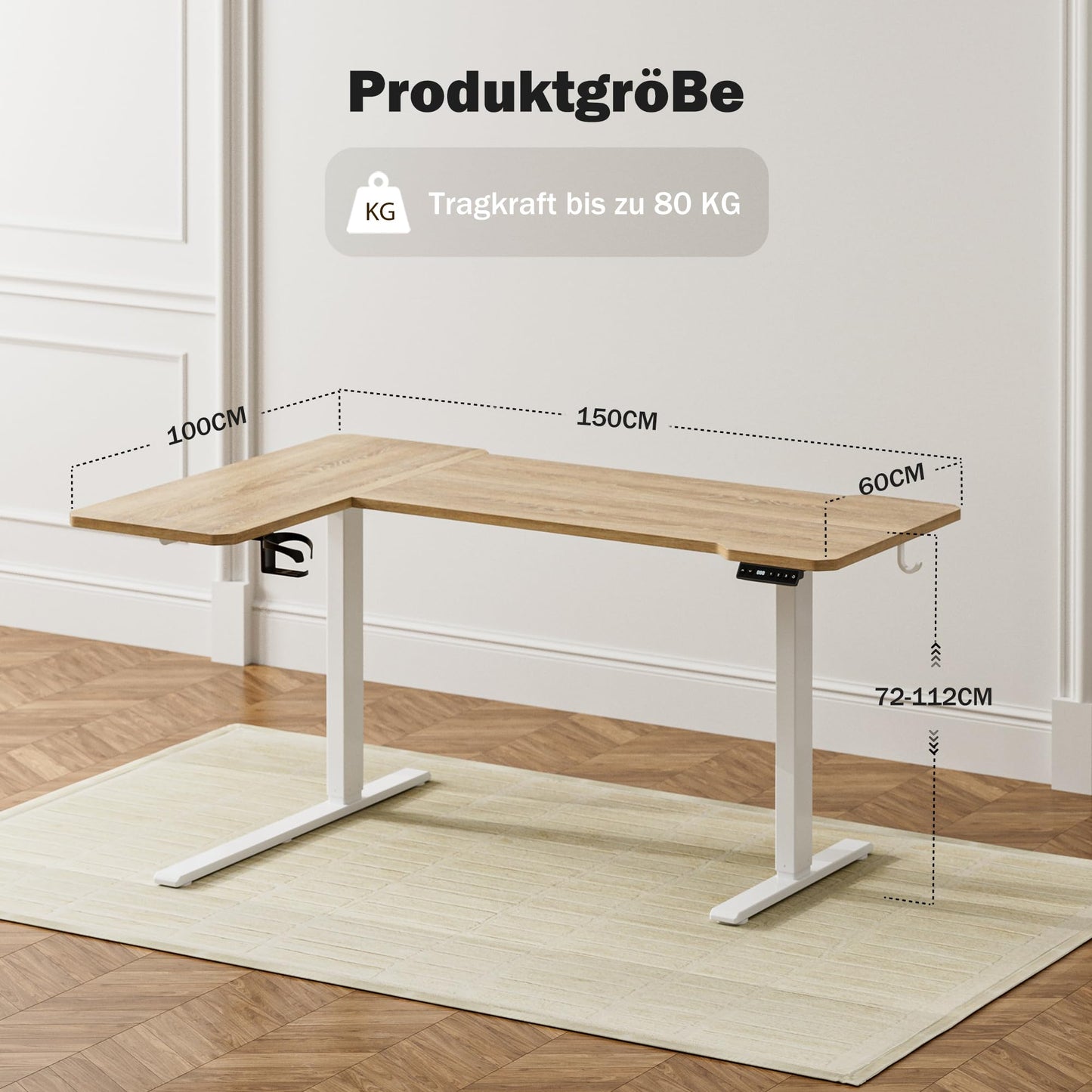 Acrolix Height-Adjustable Desk L Shape, 150 x 100 cm, Electric Corner Desk, Height Adjustable 72-118 cm, with Drink Holders and Hooks, Sturdy Scaffolding Corner Desk, Brown