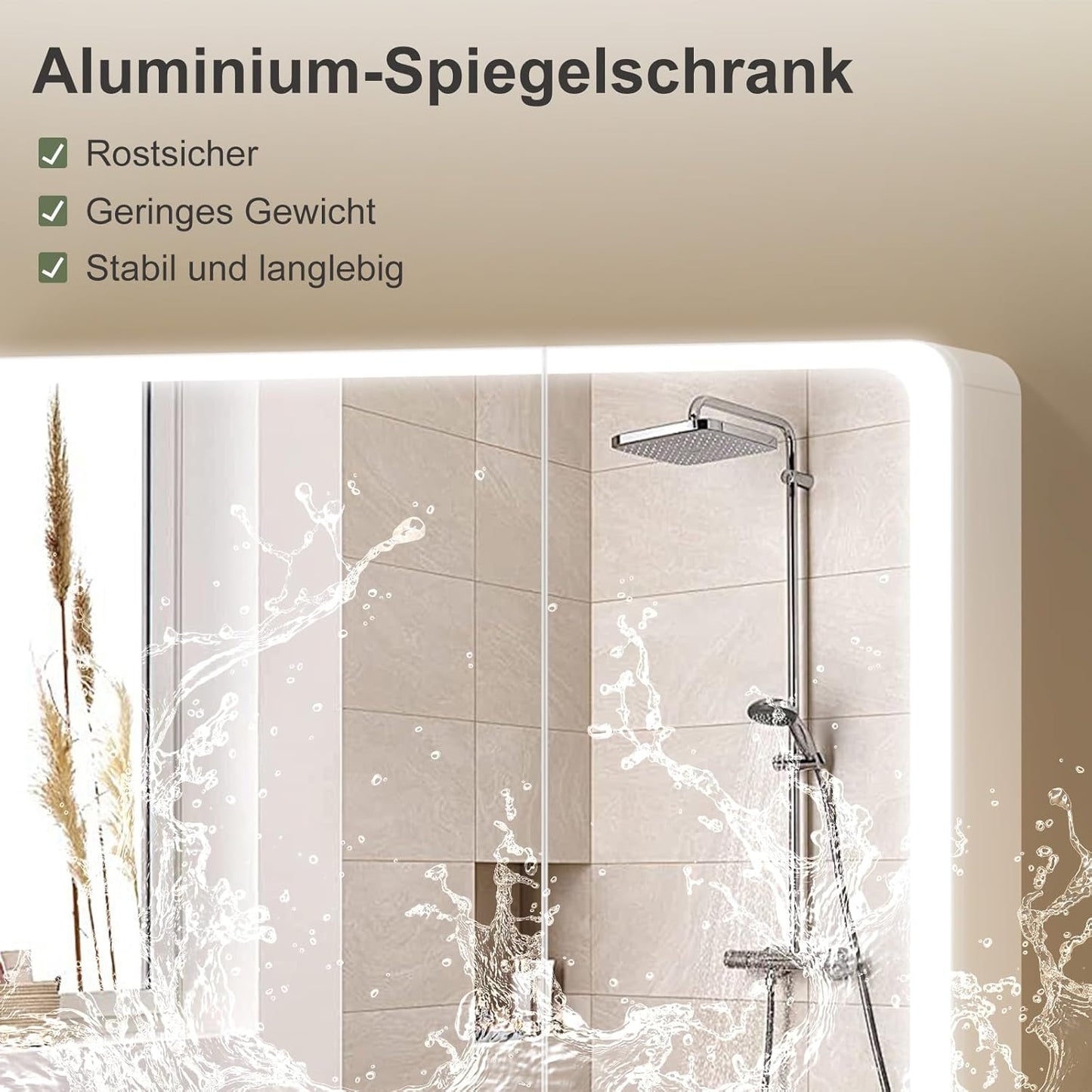 Aovquof Mirror Cabinet with Lighting - 90 x 60 cm Bathroom Mirror Cabinet with Storage Space, Bathroom Mirror Cabinet with Adjustable Dimmable LED Lights with Demist Function, Modern Cream Colour