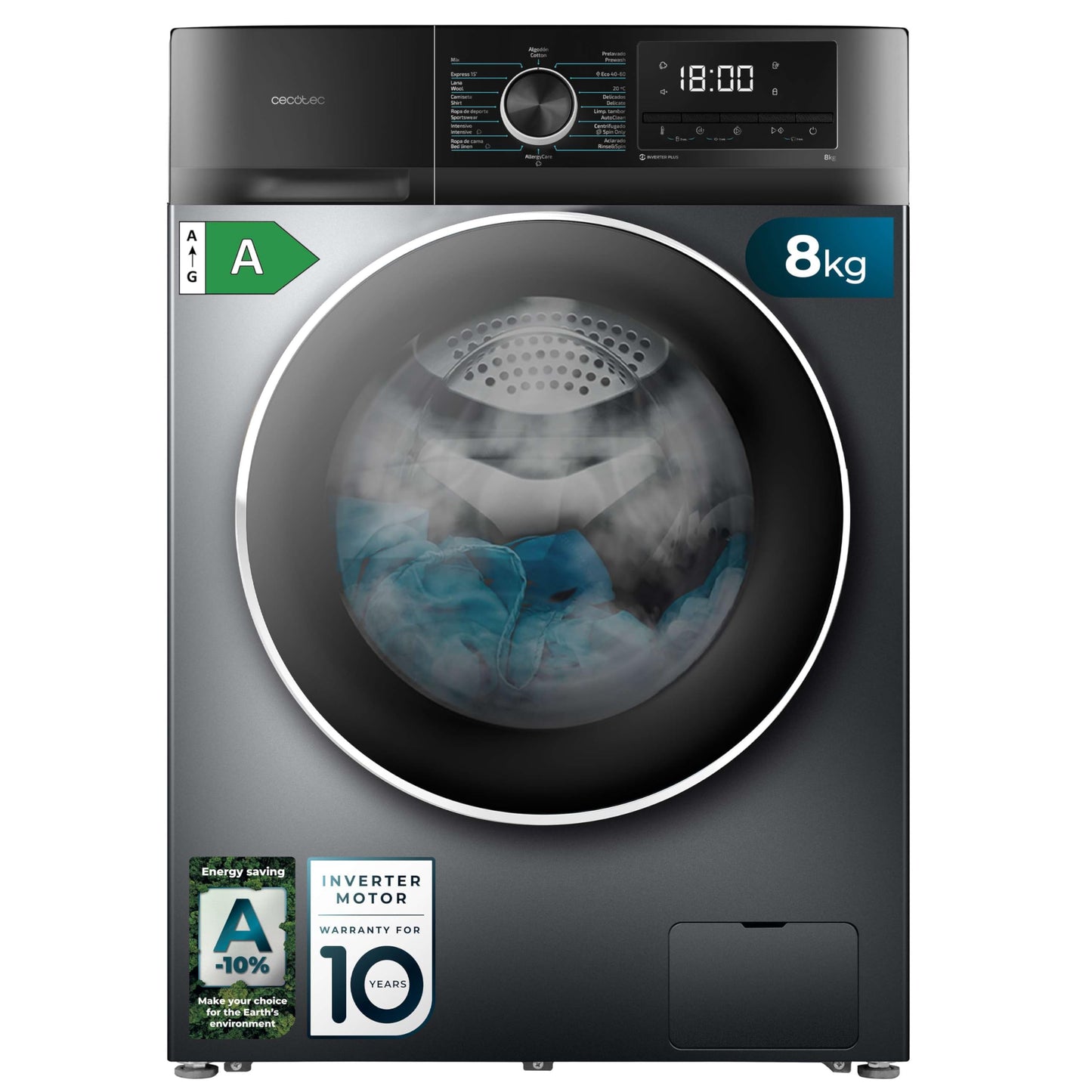 Cecotec Washing Machine 12 kg Front Load Bolero DressCode 12500 Inverter Steel A, 1400 rpm, Inverter Plus Motor, 16 Progr, SteamMax, Pearl Drum, Delay Start, Drum Clean, Display, Allergy Care, Stop &