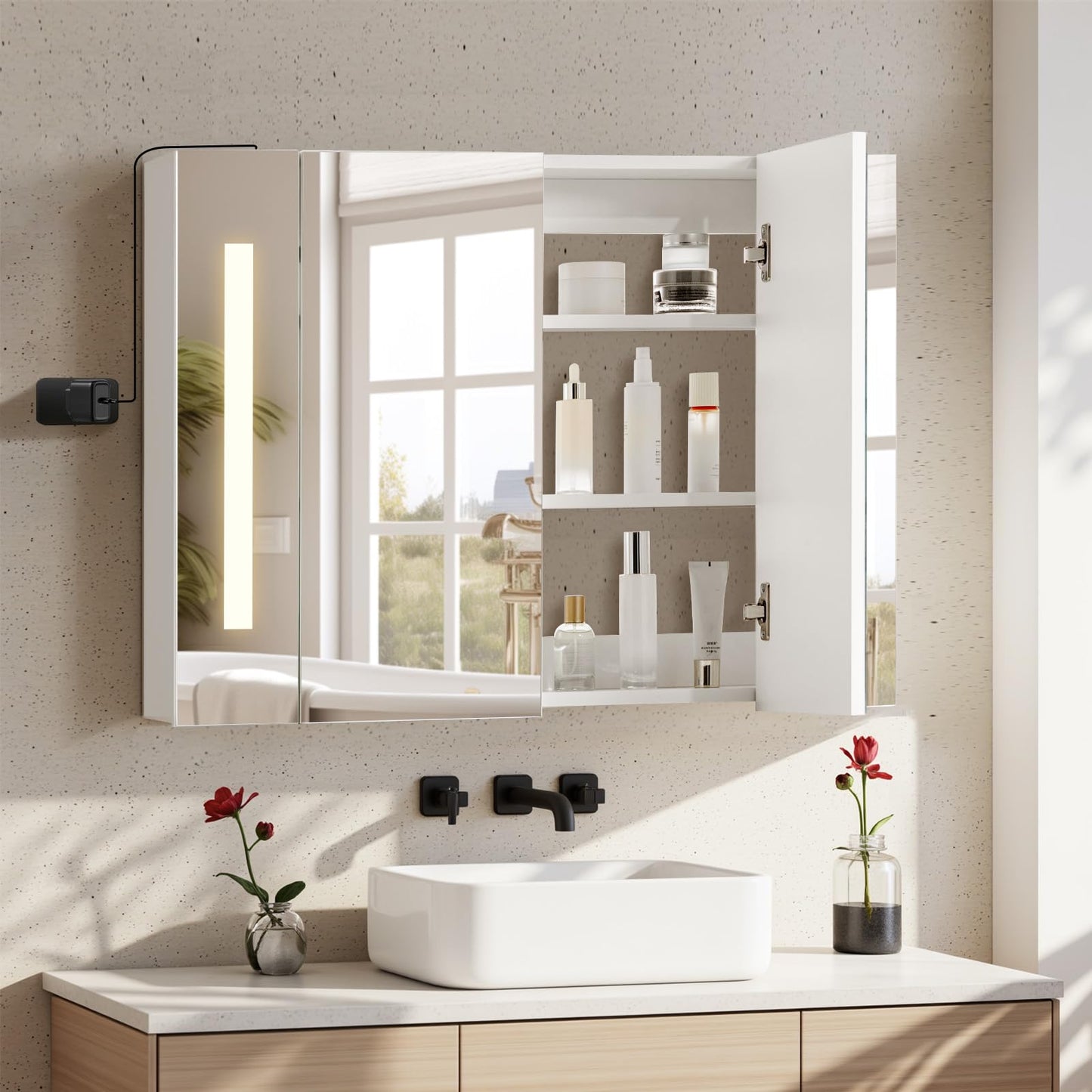 TUKAILAI Mirror Cabinet with LED Lighting, 6 Open Shelves and Adjustable Shelves, Bathroom Mirror with Touch Switch, Bathroom Mirror, Light Mirror, Wall Mirror, Bathroom Cabinet for Bathroom
