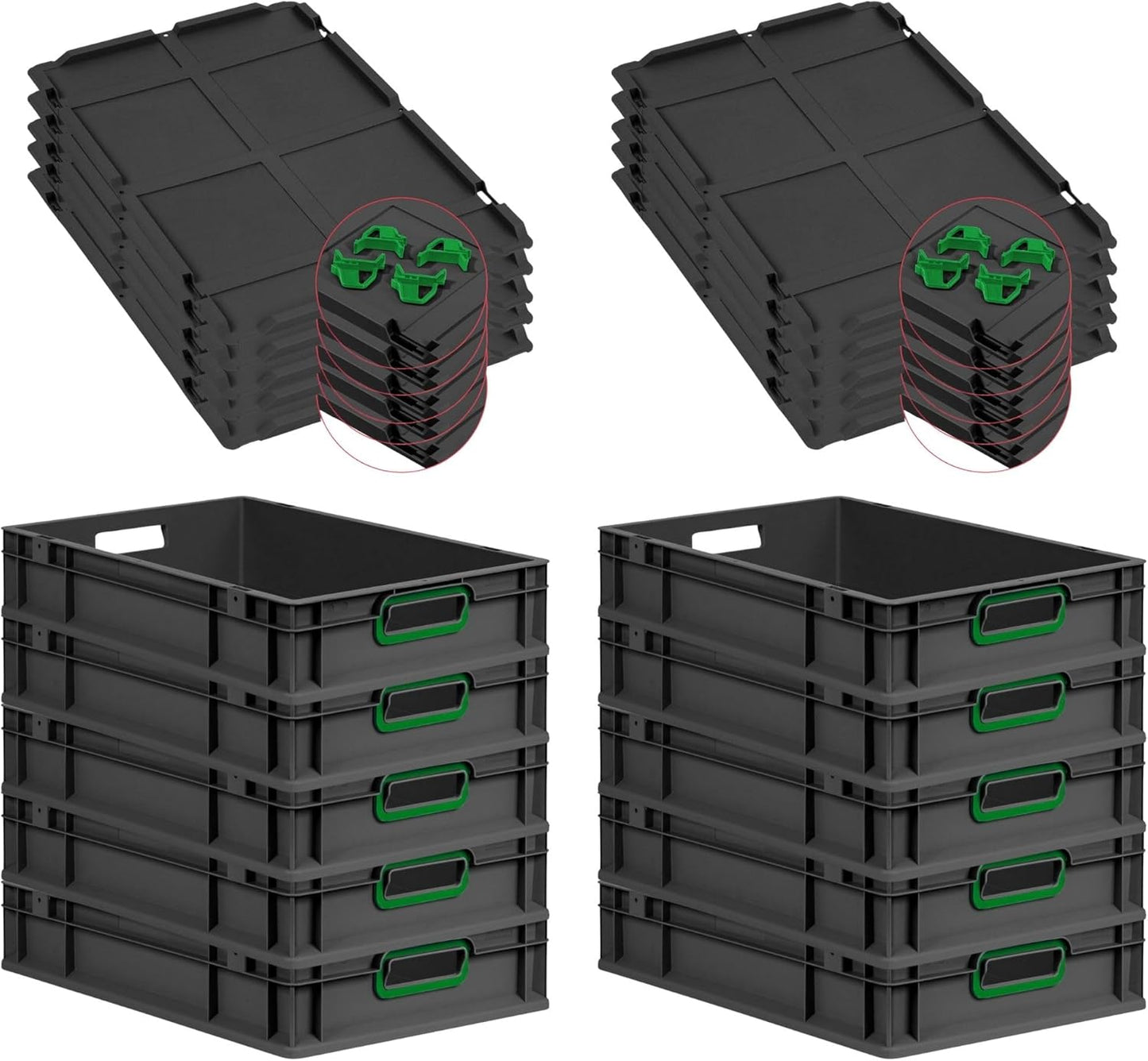 PROREGAL Economy Set of 5 Eurobox NextGen Colour with Lid and Sliding Snap Fasteners, H x W x D 22 x 30 x 40 cm, 20 L, Black, Closed Handles, Euro Container, Transport Box, Transport Container