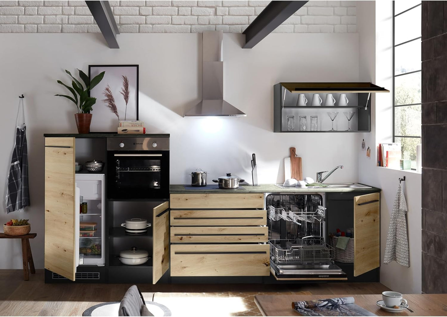 Jazz 4 Modern Corner Kitchen with Electrical Appliances in White High Gloss, Metallic Grey - Spacious Kitchen Unit in L-Shaped with Lots of Storage Space - 320 x 200 x 60 cm (W x H x D)