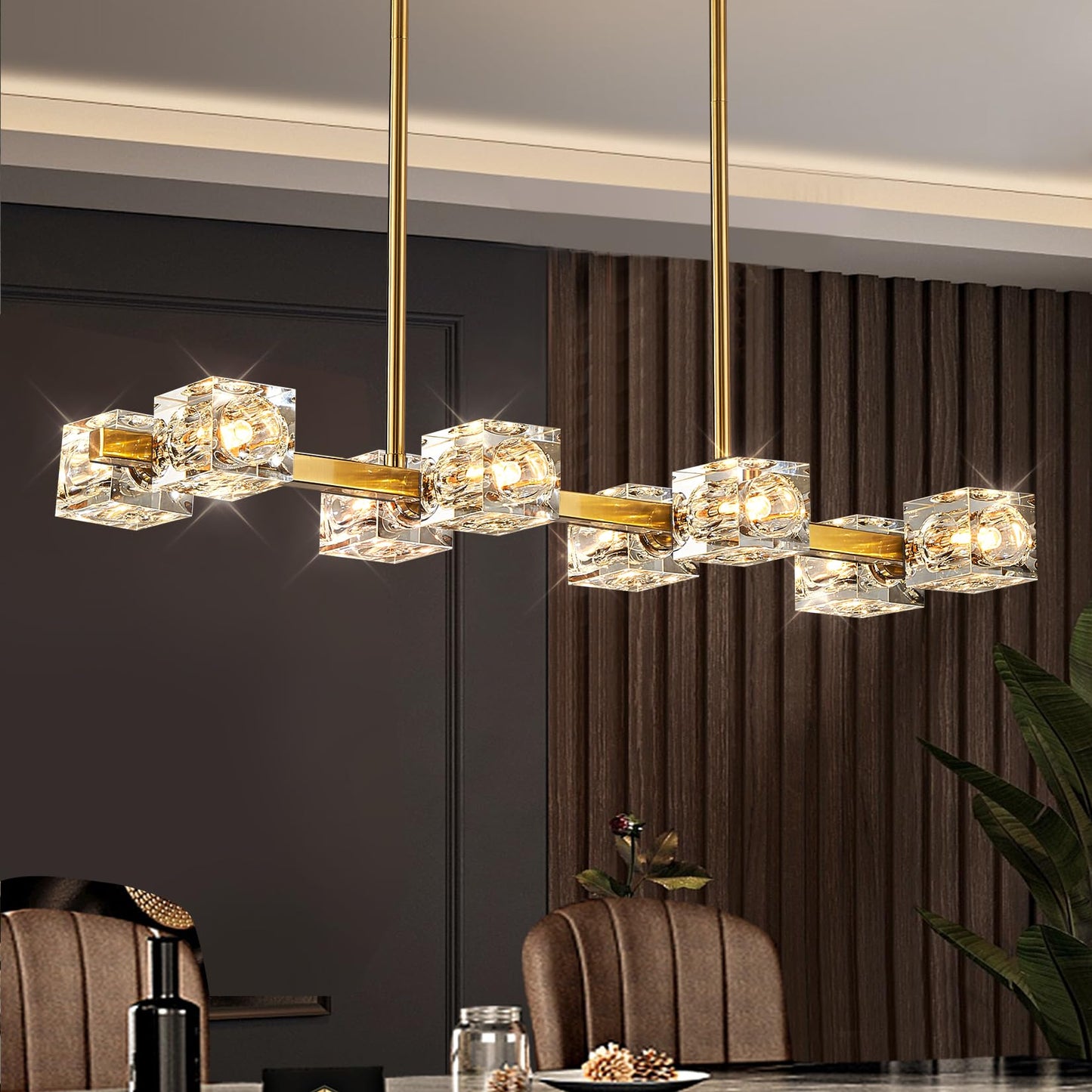 JUJUQI Moderne Kristall-Kronleuchter,Gold Hängeleuchte, K9 quadratischer Kristall Häengelampe mit 8 Lichtern,Würfel-Schirm, hängende Deckenleuchte für Esszimmer, Schlafzimmer, Wohnzimmer