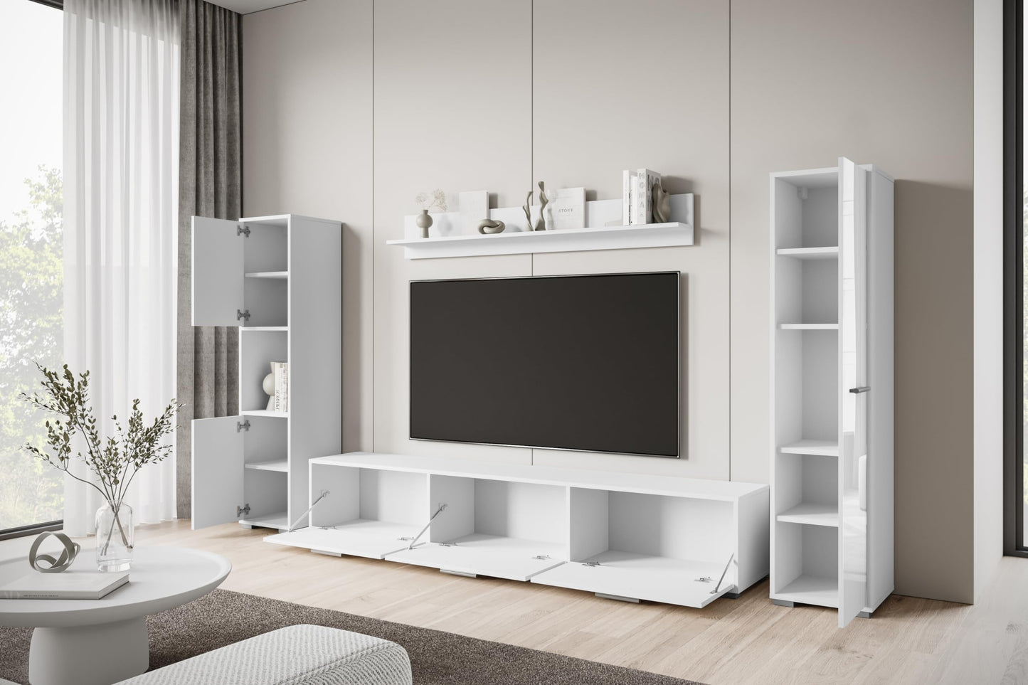MINIO go for it - Living Room Wall Unit 4-Piece Toga, Living Room Furniture Set, 1 x TV Lowboard, 2 x Tall Cabinet, 1 x Wall Board, Living Room Furniture Complete, Living Room Set - Colour Wotan Oak