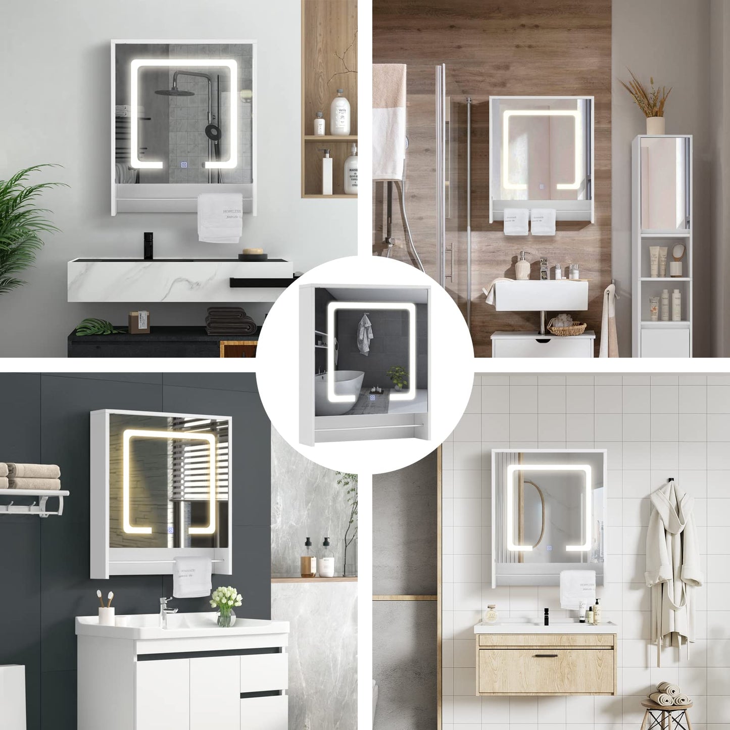 TUKAILAI Mirror Cabinet with LED Lighting, 6 Open Shelves and Adjustable Shelves, Bathroom Mirror with Touch Switch, Bathroom Mirror, Light Mirror, Wall Mirror, Bathroom Cabinet for Bathroom