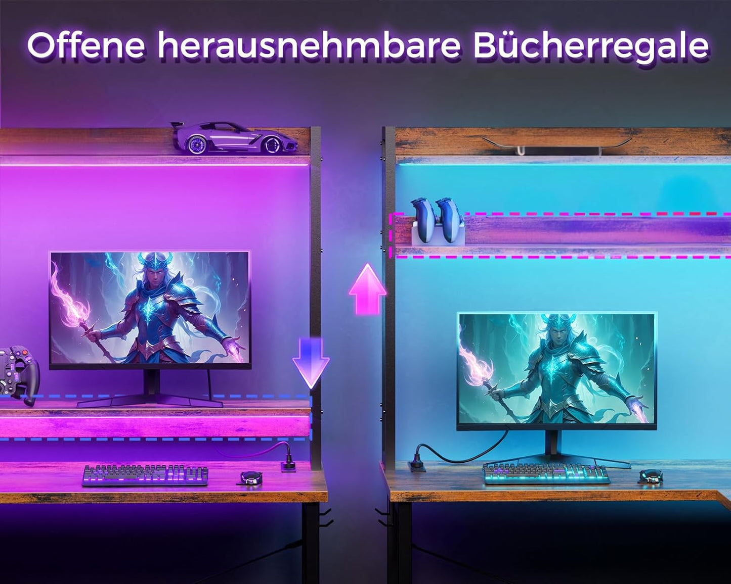 ODK Eckschreibtisch Weiß mit Stall, 150×120 cm Reversibel Gaming Tish L Form mit LED, Computertisch mit USB-Ladeanschluss&Steckdose, Gaming Schreibtisch für das Heimbüro