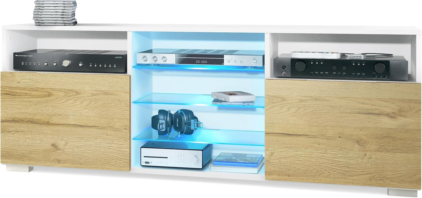 Vladon Granada TV Board Lowboard with 2 Doors and 6 Open Compartments, Matt White Body, Fronts in Sand Grey High Gloss (146 x 54 x 35 cm)