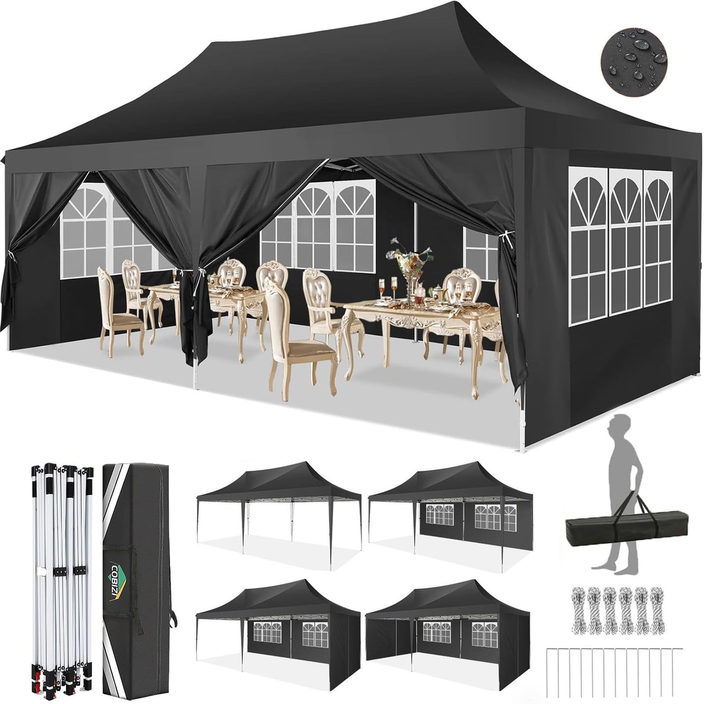 COBIZI Pavillon 3x6,Faltpavillon 3x6 Wasserdicht Stabil Winterfest, Sofort aufklappbare Vordächer Outdoor Gartenzelt mit 6 Seitenteilen, für Party Garten Festival, Weiß