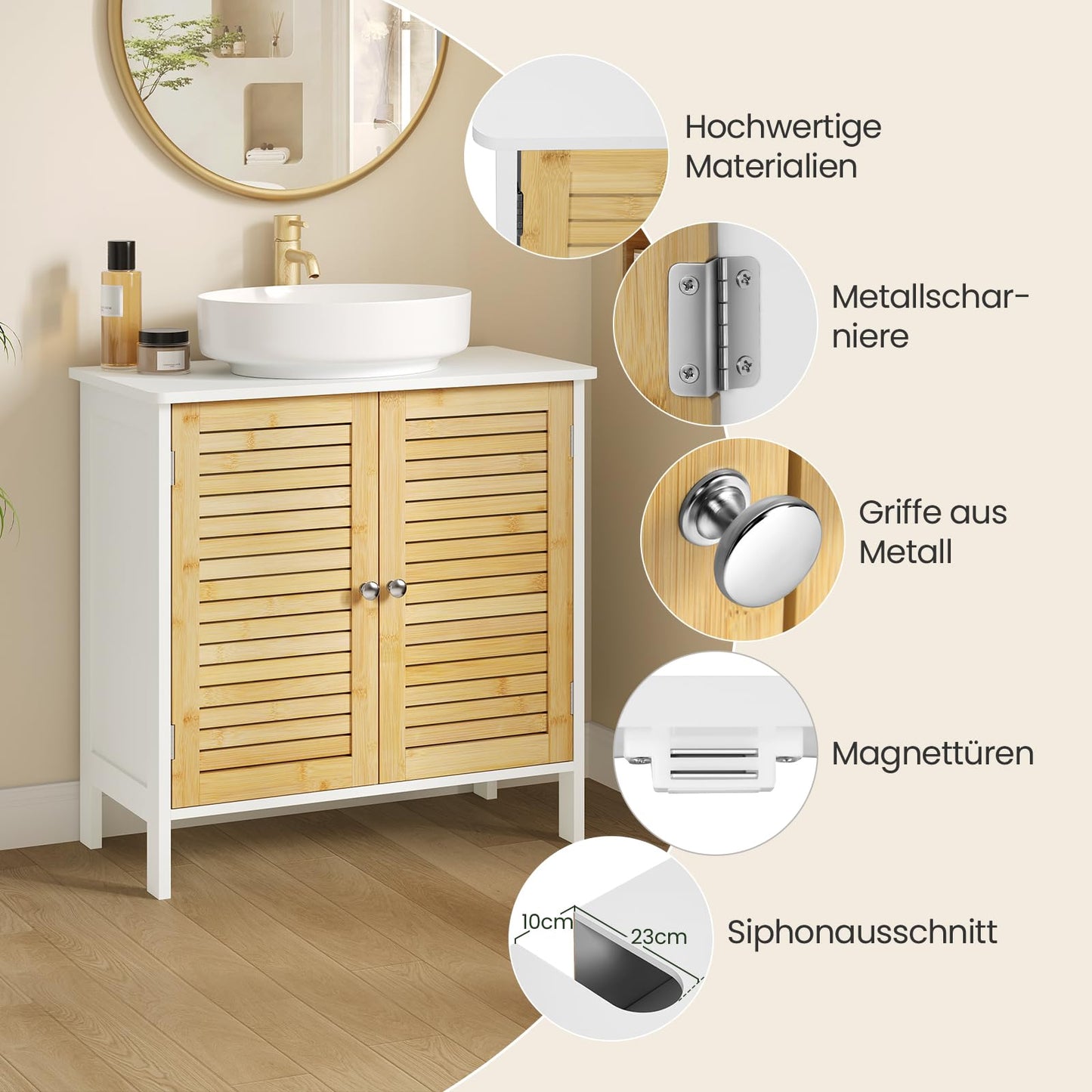 EUGAD Under Basin Vanity Unit Bathroom Cupboard with 2 Doors 60 x 30 x 60 cm, Bamboo