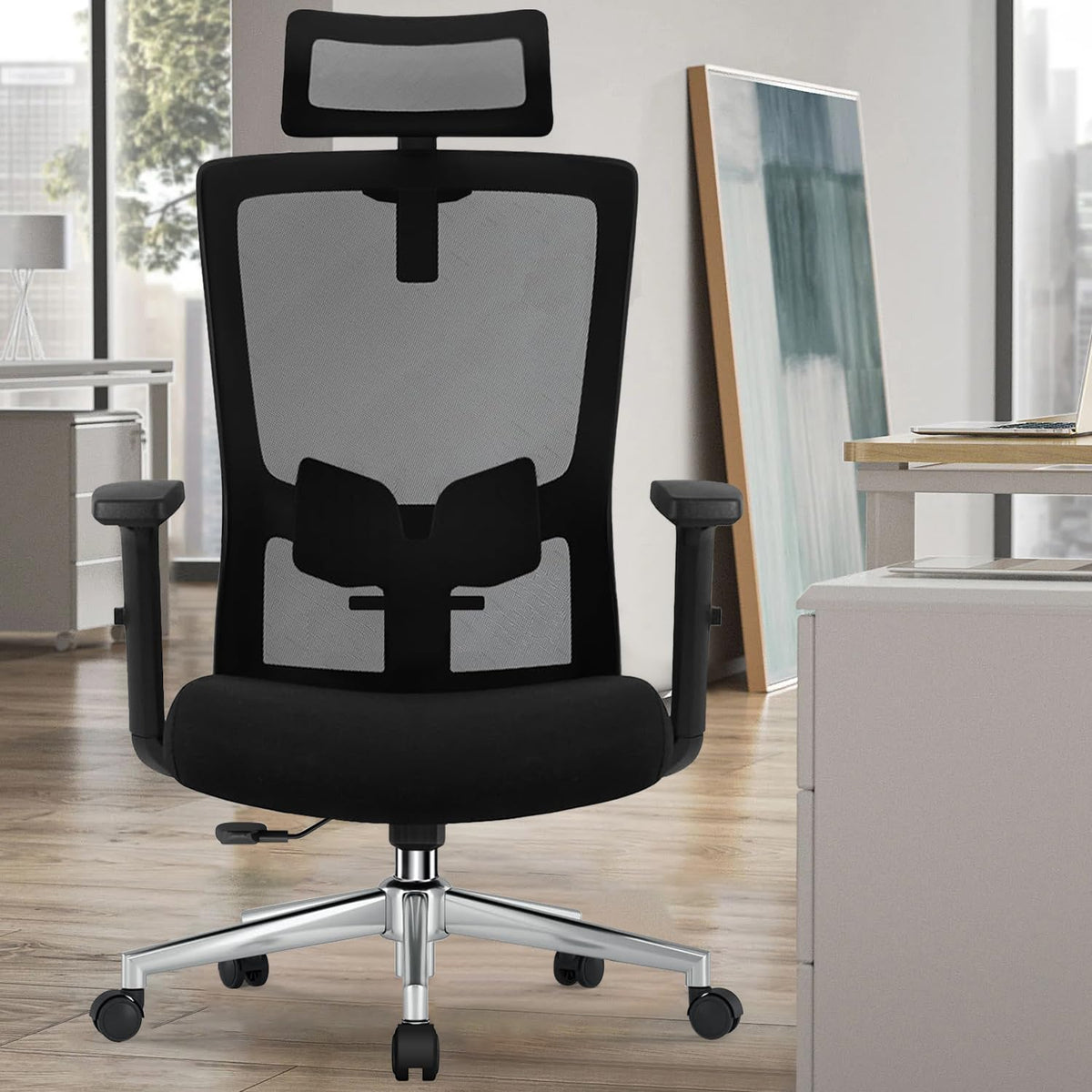 Ergonomic Office Chair with Adjustable Lumbar Support, Armrests and Headrest, Swivel Office Chair 150 kg, Desk Chair, Executive Chair, Rocker Function up to 135°