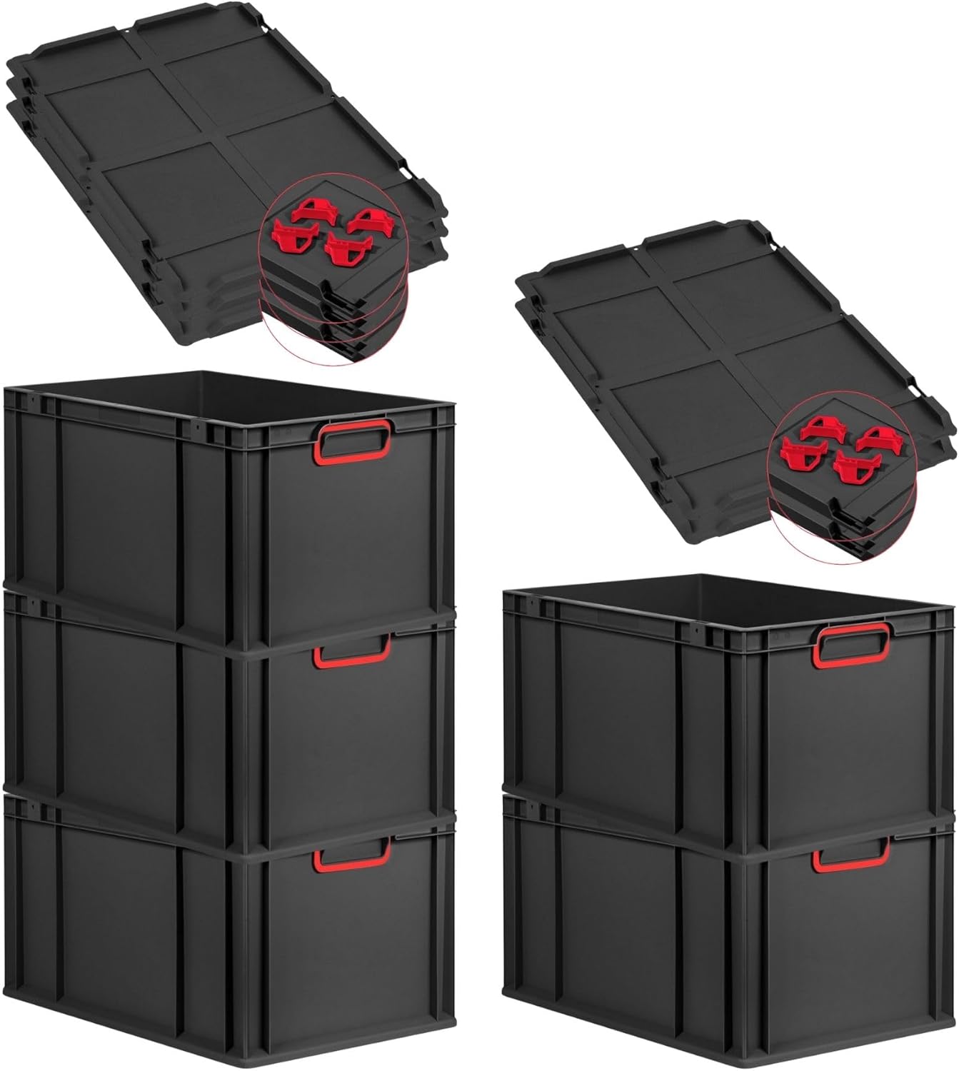 PROREGAL Economy Set of 5 Eurobox NextGen Colour with Lid and Sliding Snap Fasteners, H x W x D 22 x 30 x 40 cm, 20 L, Black, Closed Handles, Euro Container, Transport Box, Transport Container
