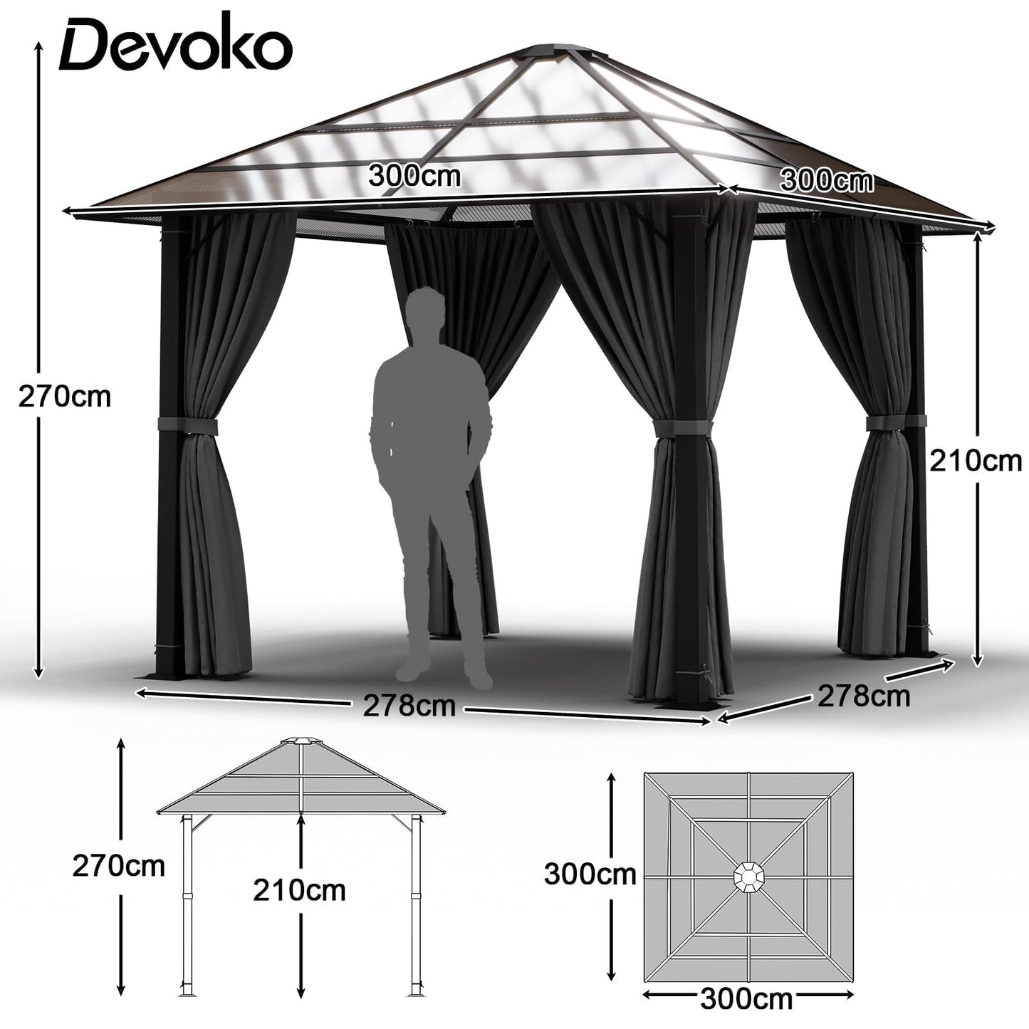 Devoko Gazebo 3 x 3 Waterproof Stable Winterproof Aluminium Garden Gazebo with Fixed Roof Protection UV Suitable for Outdoor Scenes Grey