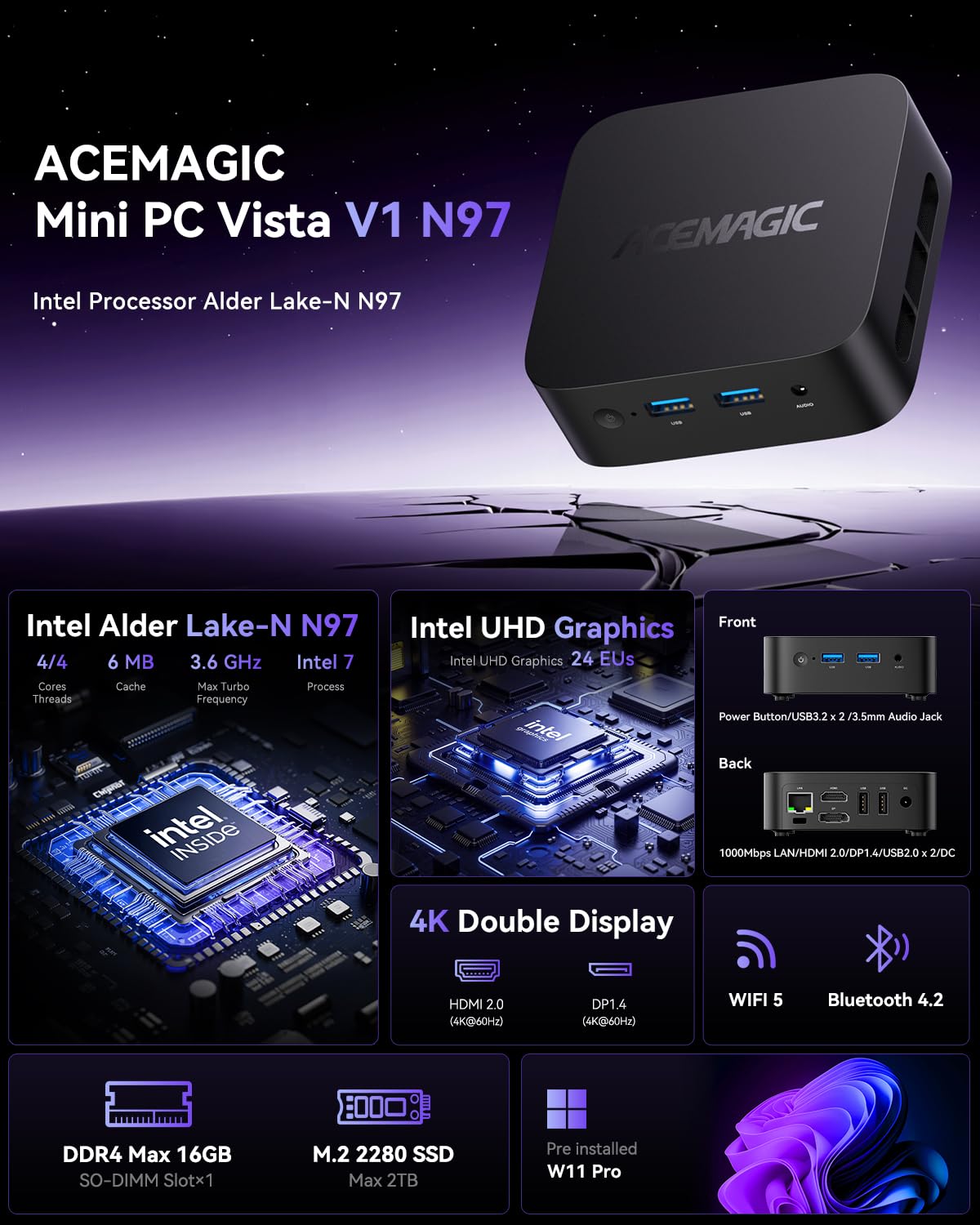 ACEMAGICIAN Alder Lake N95 Mini PC 3.4GHz 16GB DDR4 RAM 512GB M.2 SSD Micro Desktop Computer, 4K UHD HDMI+DP, Dual Band WiFi/BT4.2/Gigabit Ethernet for Business, Home Theater, W11 Pro