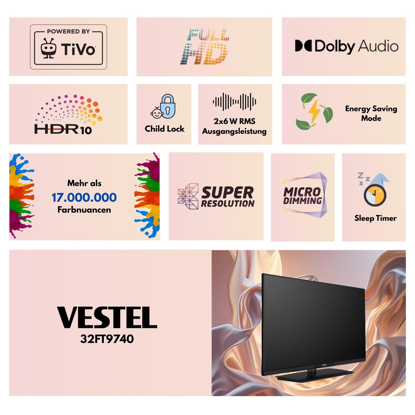 Vestel Fernseher 50 Zoll Smart TV Powered by TiVo, 4K UHD Fernseher mit Dolby Vision HDR, Dolby Atmos und integriertem Triple-Tuner, LED TV 50UT9740 schwarz