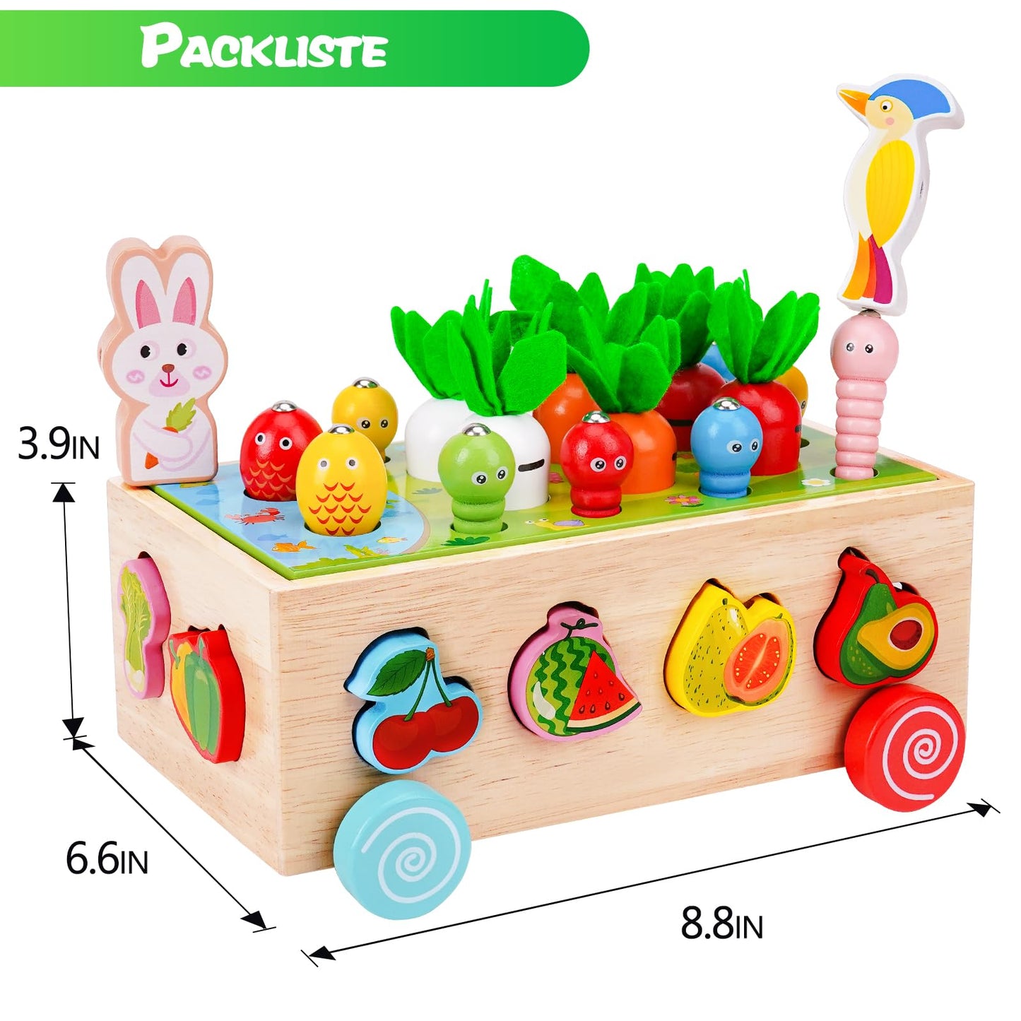 Goffii Montessori Toy, Children's Baby 8-in-1 Wooden Toy, Farm Cars, Carrots Harvest Sorting Stacking Toy, Hand Eye Coordination Motor Skills Toy from 3 4 5 Years Girls Boys Gift