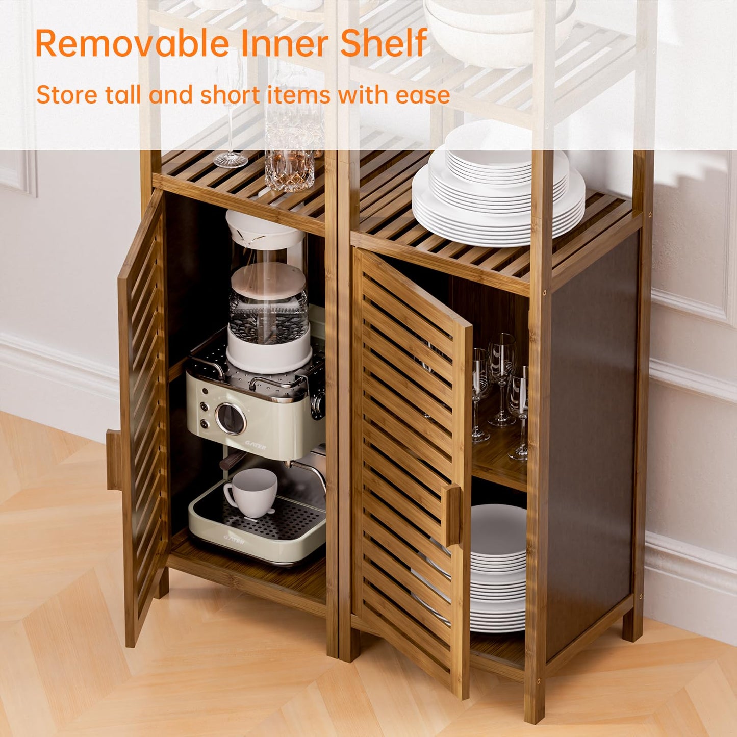 HITNET Bathroom Cabinet Bamboo Black Bathroom Cabinet Tall Cabinet Narrow Freestanding Floor Standing with Open Shelf and Single Door