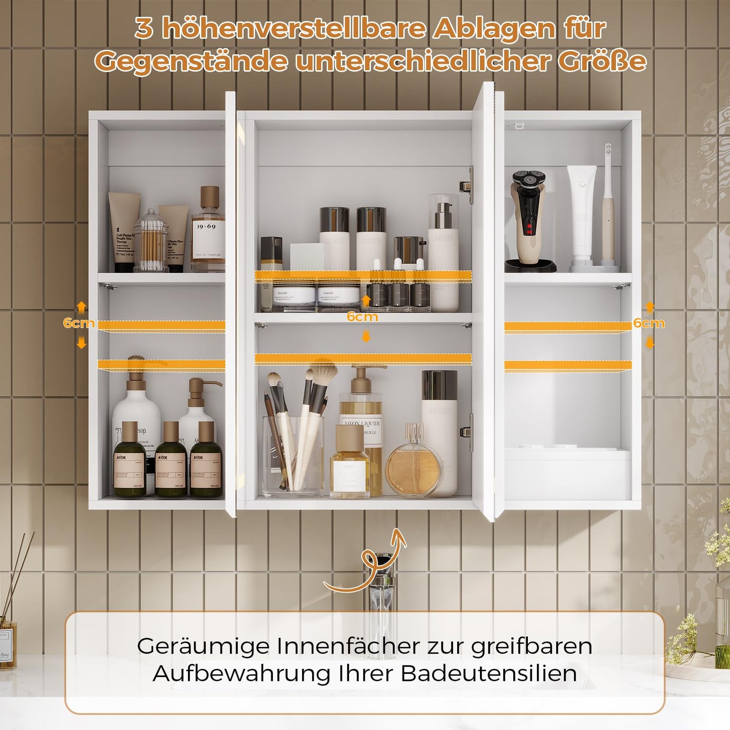 mojiasion Bathroom Mirror Cabinet 100 cm Wide with LED Lighting, Socket & 3 Colour Temperatures Dimmable Bathroom Cabinet with Touch Sensor 60 x 100 x 16 cm (H x W x D) Mirror + 3 Adjustable Shelves