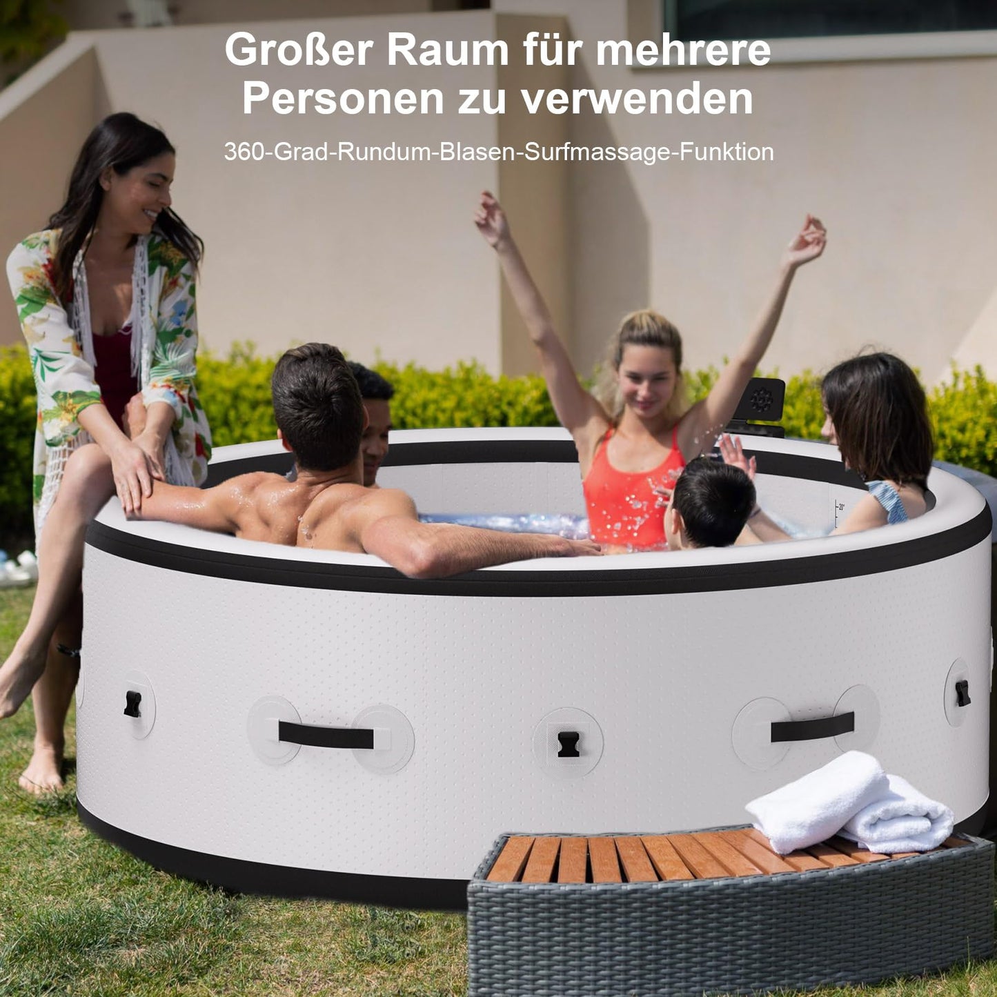 PureSpa Inflatable Bathtub with Bubble Function, Pool Massage Hot Tub, 150 Soothing Air Nozzles, Integrated Quick Filling System, LED Lights, Insulated Cover and Floor Mat, 206 x 71 cm