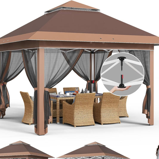 JUMMICO Pop Up Gazebo 3.24 x 3.24 Waterproof Stable Winterproof with 4 Mosquito Net Side Panels Folding Gazebo UV Protection 50+ Double Roof Gazebo for Patio Family Reunions, Brown