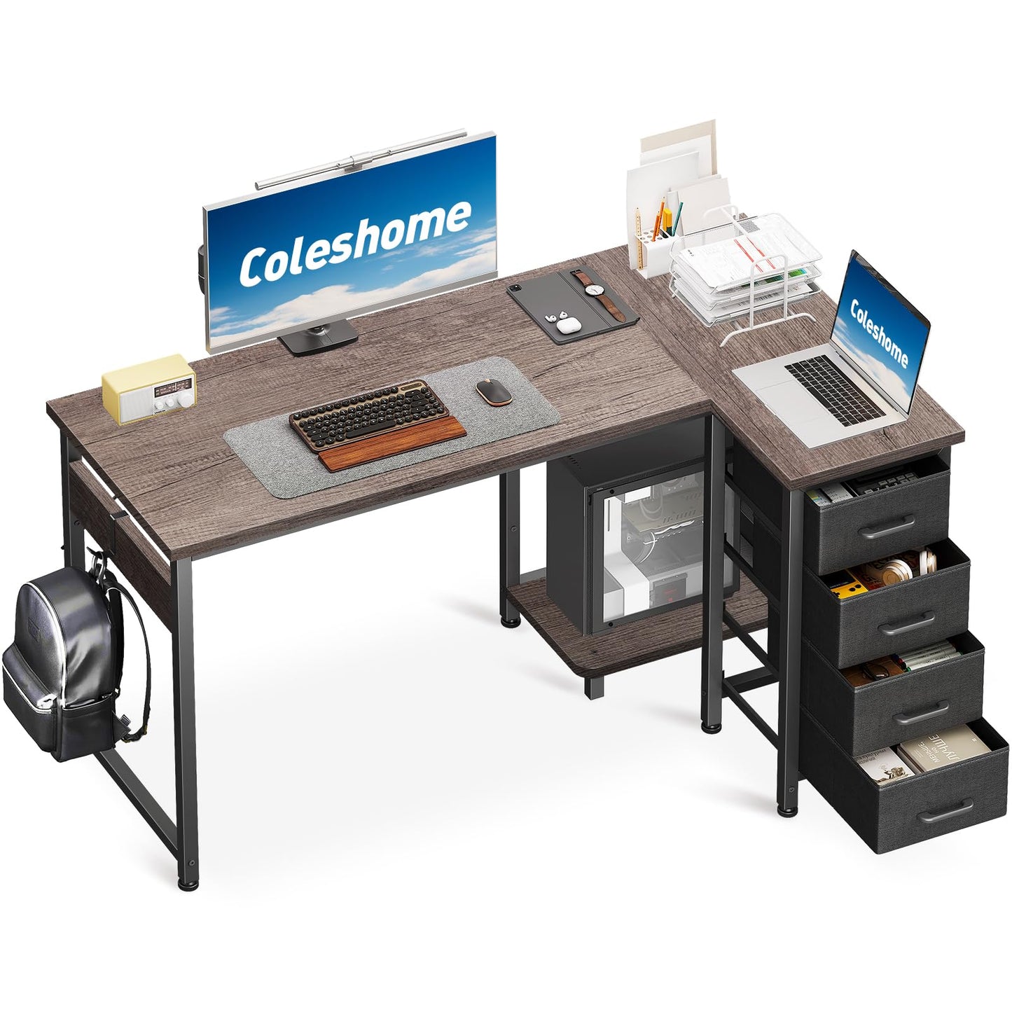 Coleshome Corner Desk, 100 x 70 cm, L Shape Desk with 4 Drawers, Reversible Computer Desk for Office, Study, Bedroom, White