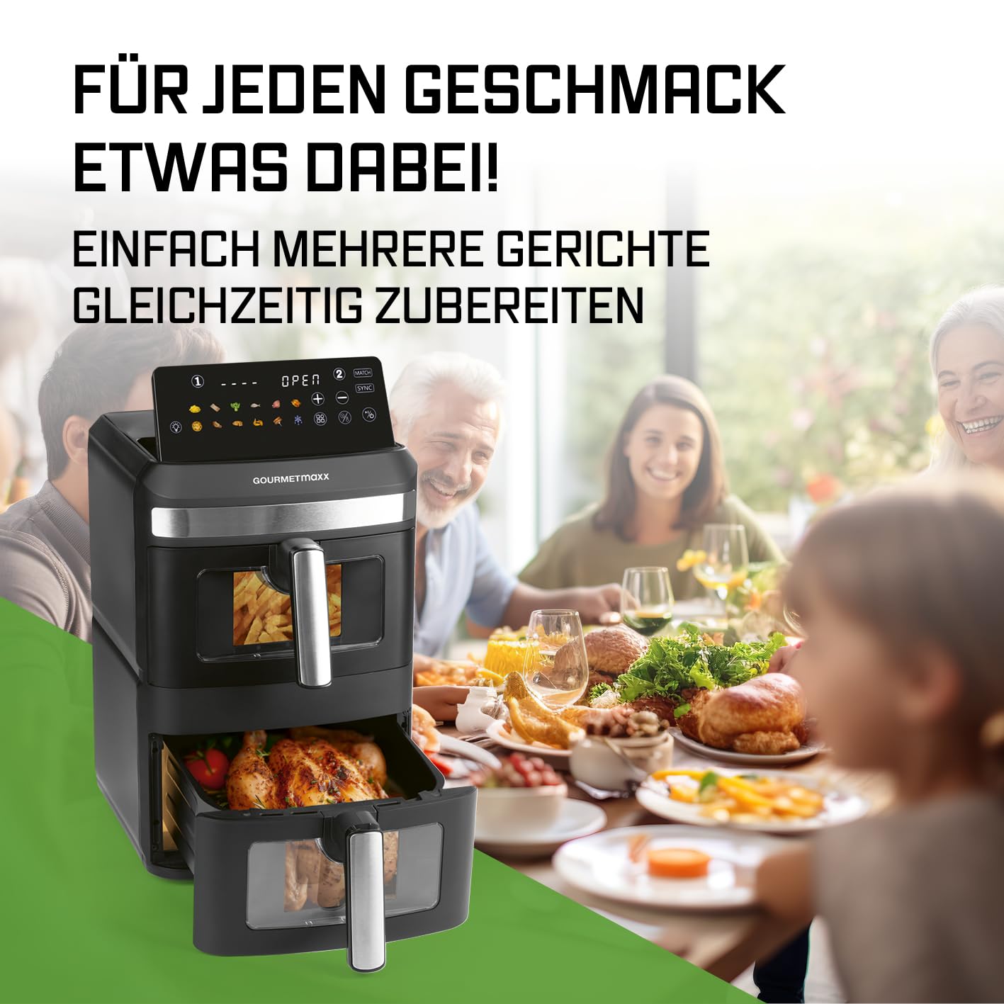 GOURMETmaxx Digitale Heißluftfritteuse 12 L, XXL-Edelstahl-Ofen | Airfryer + Timer, Touchdisplay, Drehspieß | fettarm, energiesparend frittieren | 10 Programme inkl. Pizza | 1800 W