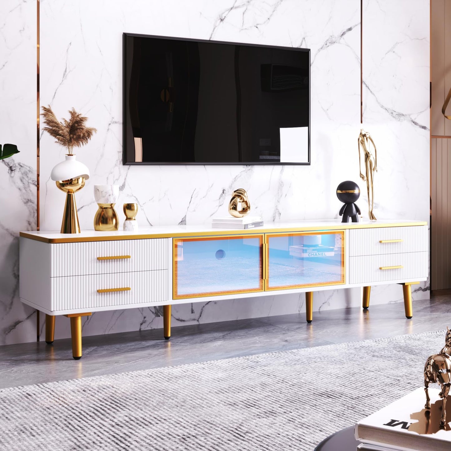 TV Cabinet with 3 Drawers, TV Table with Golden Handles and Legs, Modern TV Stand for TVs up to 75 Inches, Rounded Corners, TV Cabinet for Living Room, 174 x 35 x 41 cm, White