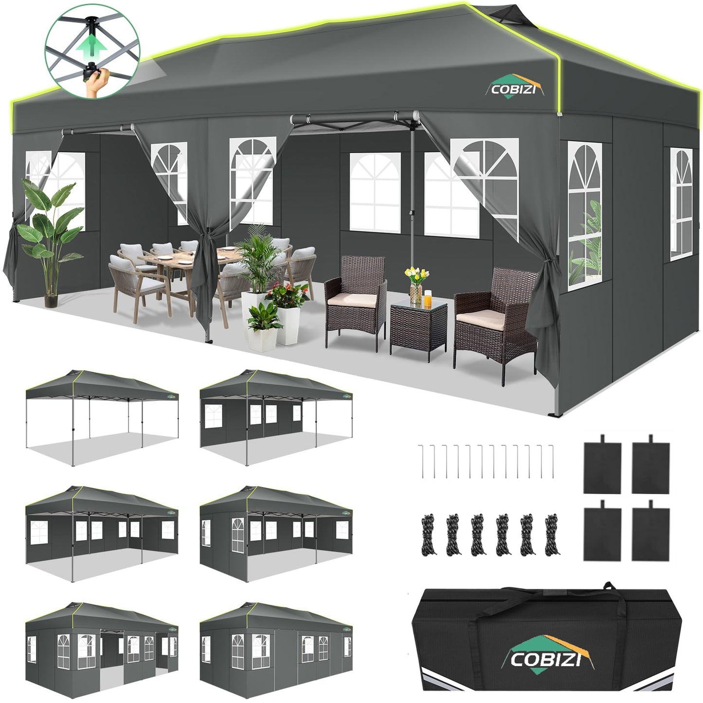 COBIZI Faltpavillon 3x6 Pavillon wasserdicht Winterfest, Ein-Tasten-Zentralverriegelung Partyzelt Faltbar Anti-UV mit 6 Seitenwänden, Gartenpavillon mit Leuchtstreifen für Hochzeiten, Freien, Garten