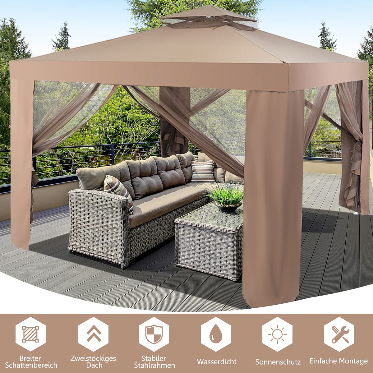 RELAX4LIFE 3 x 3 m Gazebo, Garden Gazebo with Iron Frame & Mosquito Net, Garden Tent with 4 Side Walls & Double Roof, Waterproof & Sunproof Party Tent for Party Camping (Brown)