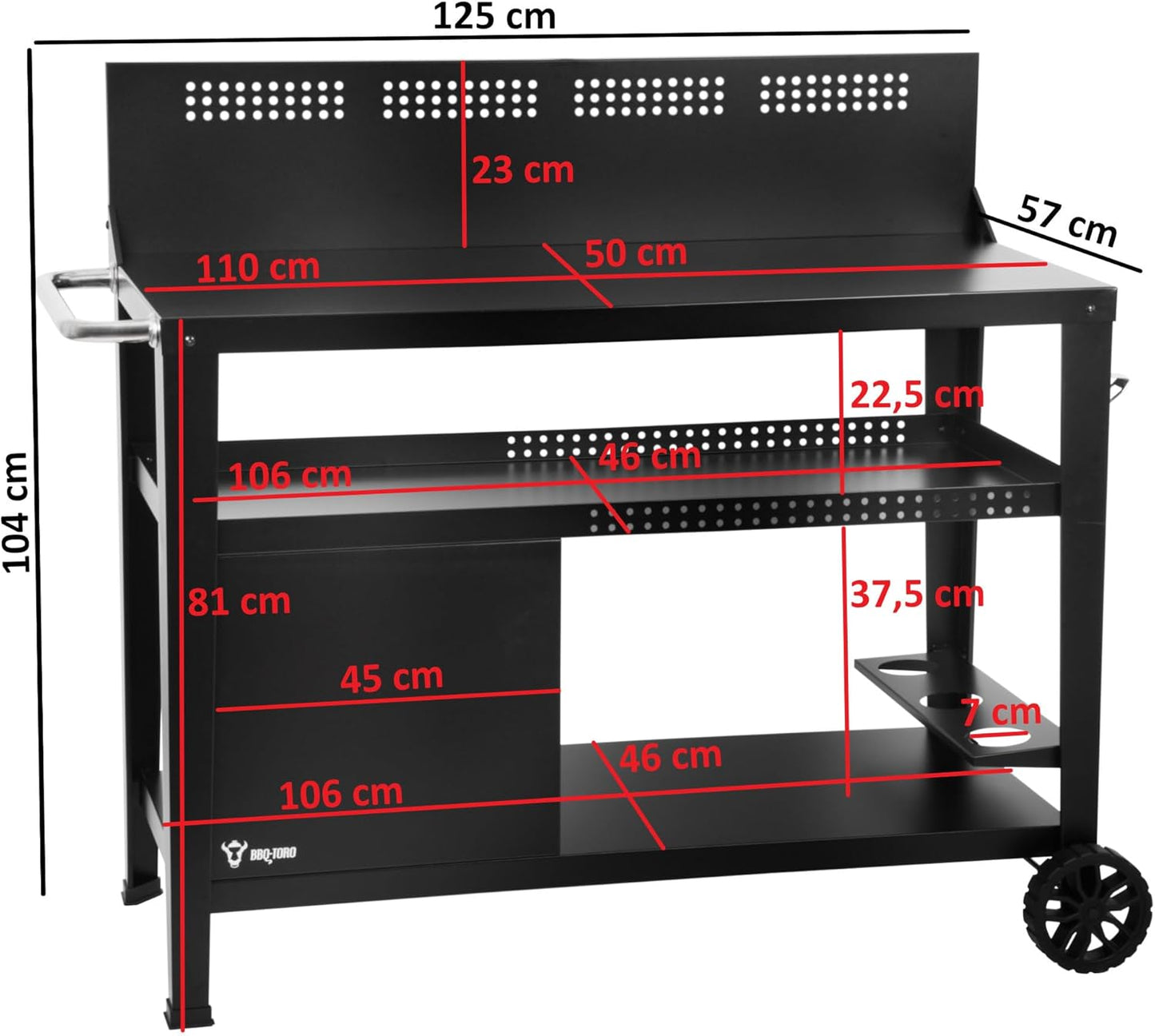 BBQ-Toro Barbecue Trolley 125 x 57 x 104 cm, Black, Grill Table with Large Work Surface, Grill Side Table with Wind Protection, Outdoor Grill Trolley, Grill Table, Outdoor, Serving Trolley with