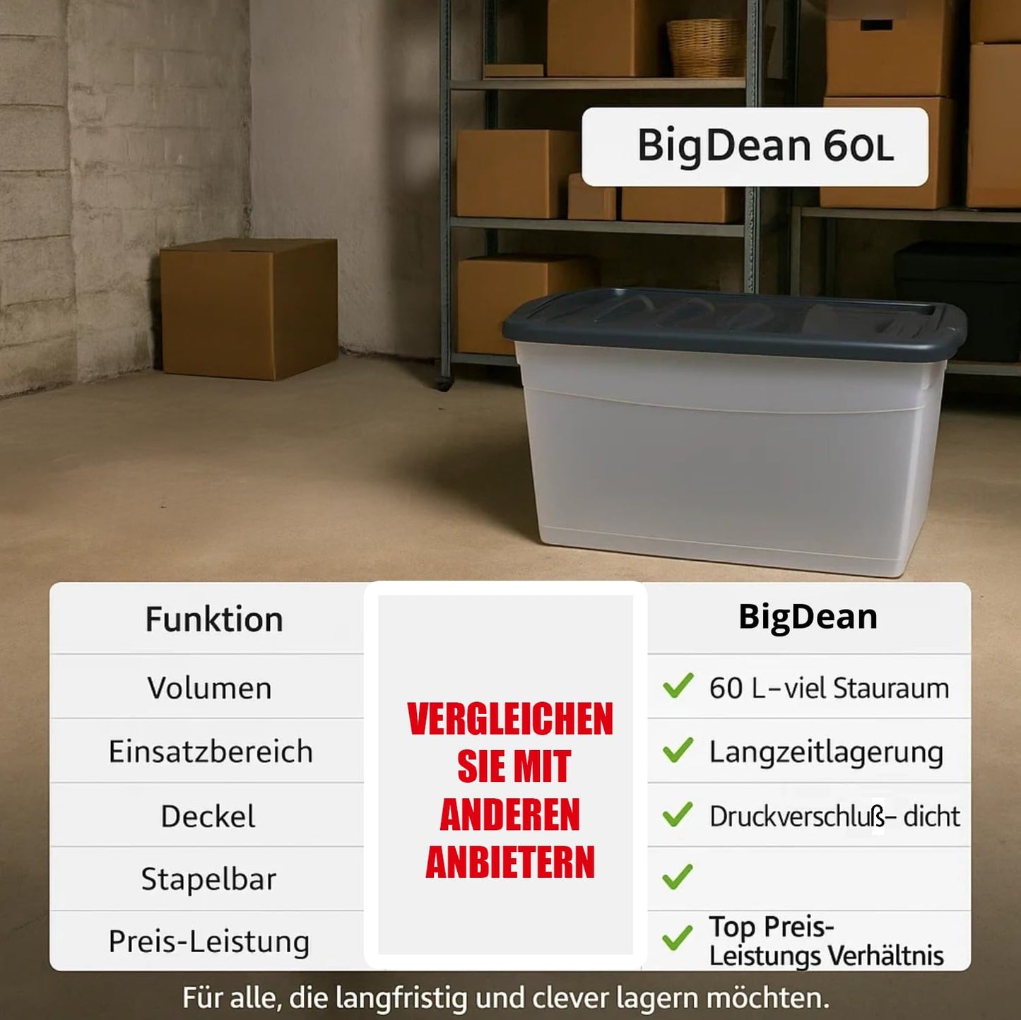 BigDean 3 x 60 L Storage Box with Lid Large Budget Line Plastic Box with Lid
