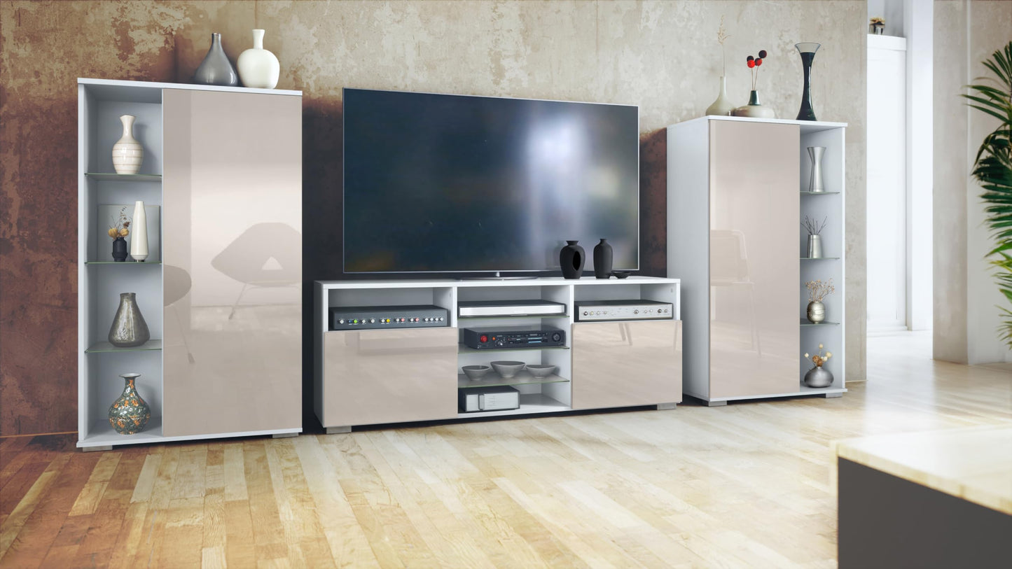 Vladon Davos Wall Unit with 2 Display Cabinets and 1 TV Board, Matte White / High Gloss White (329 x 134 x 35 cm)