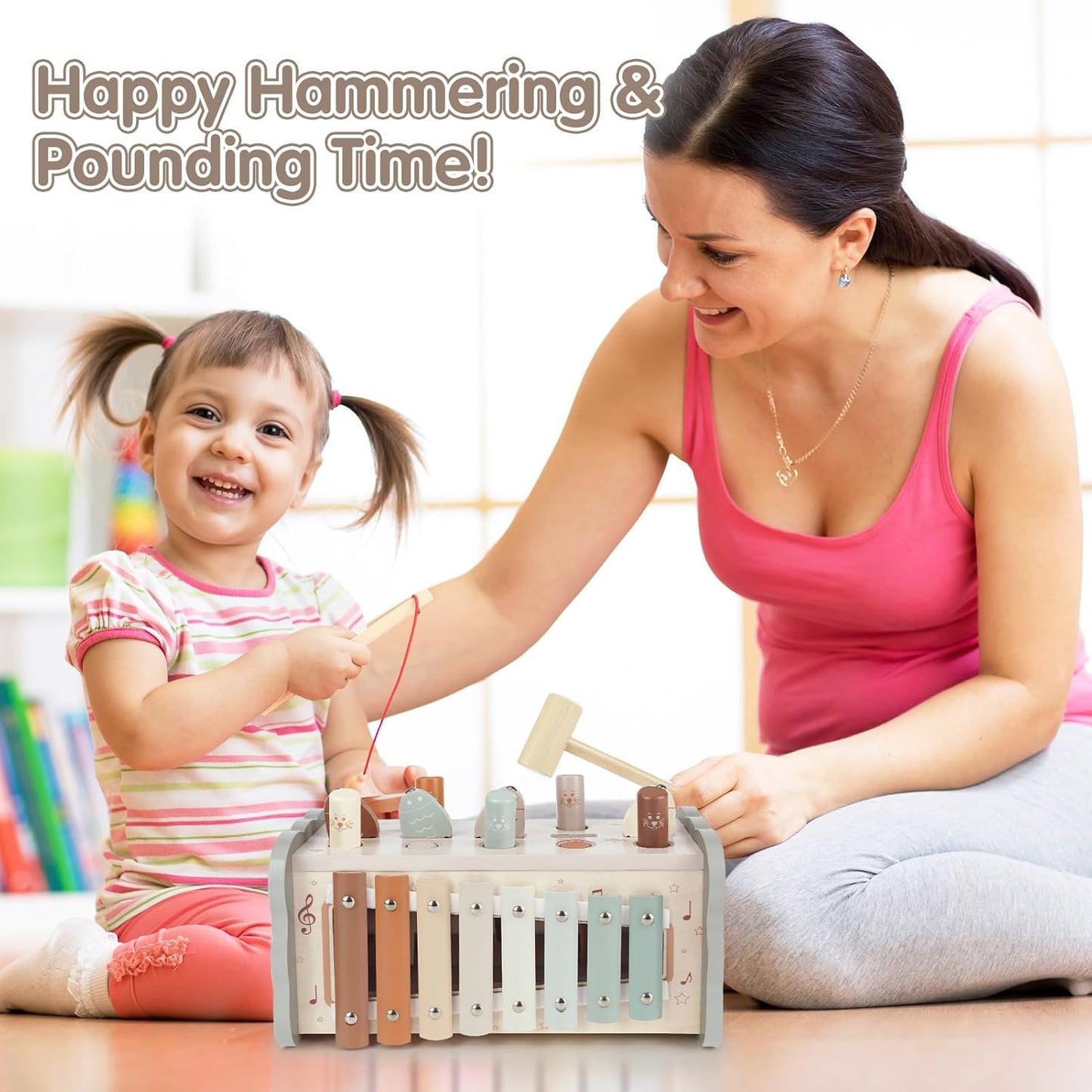 Dinorun Montessori Hammering Toy from 1 Year Old, Wooden Motor Skills Toy, Xylophone, Gift for Children Aged 1, 2, 3, 4 Years, for Girls, Boys