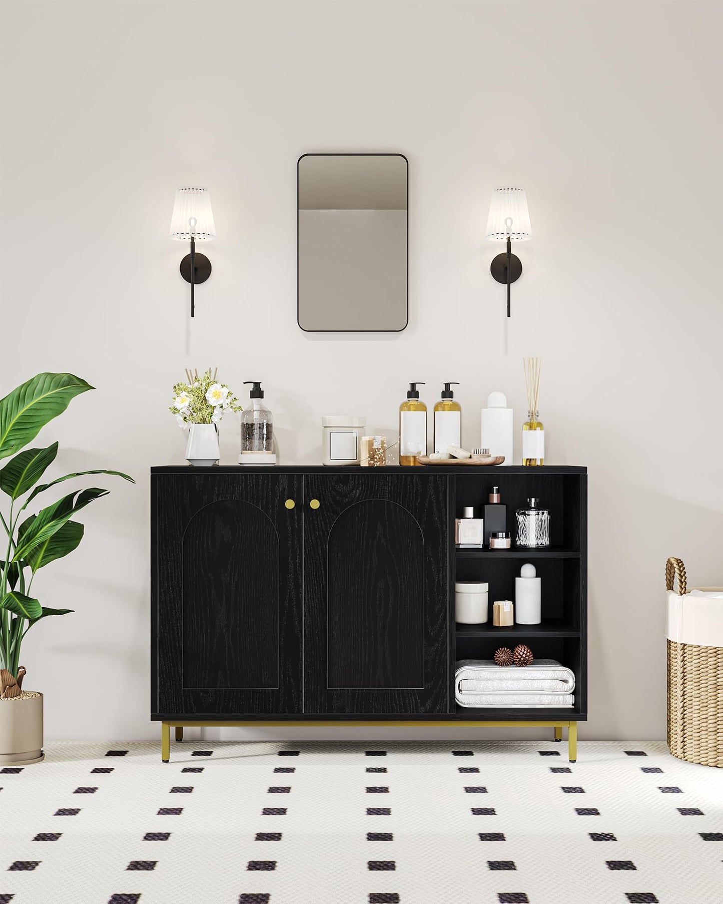 Hzuaneri SC10203G Bathroom Cabinet, Kitchen Cabinet with 2 Doors, Side Cabinet, Sideboard with Open Compartment, Chest of Drawers, Adjustable Shelf, Bathroom, 35 x 100 x 75 cm, White Gold