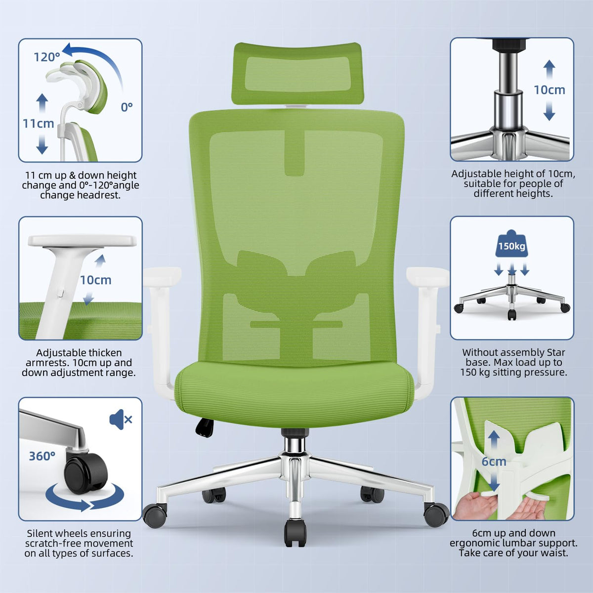 Ergonomic Office Chair with Adjustable Lumbar Support, Armrests and Headrest, Swivel Office Chair 150 kg, Desk Chair, Executive Chair, Rocker Function up to 135°