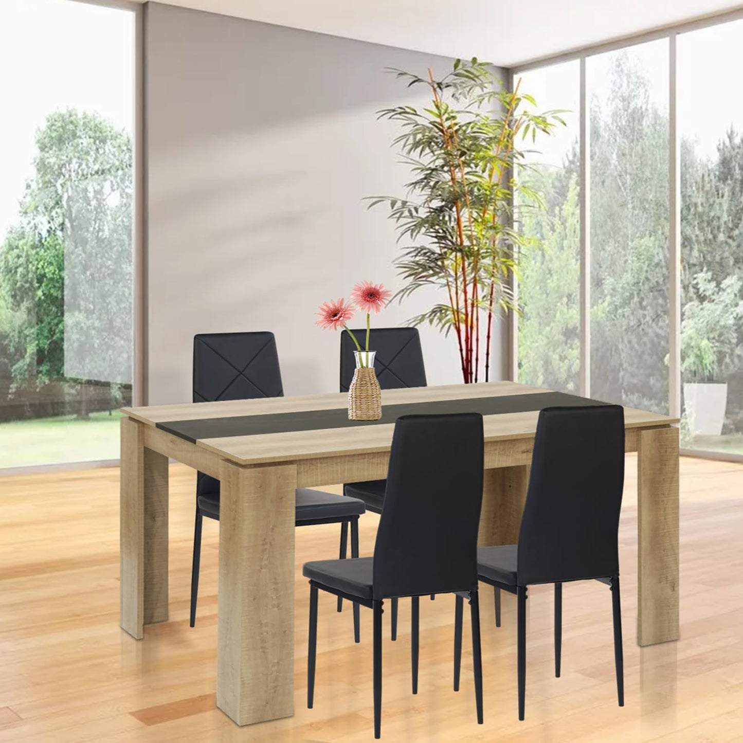 FURNITABLE Esstisch mit 4 Stühlen Esszimmergruppe, 4er Set Esszimmerstühle und Rechteckig Holztisch Essgruppe für Wohnzimmer Küche Büro (110 * 70cm Tisch+4 Schwarz Stühle)