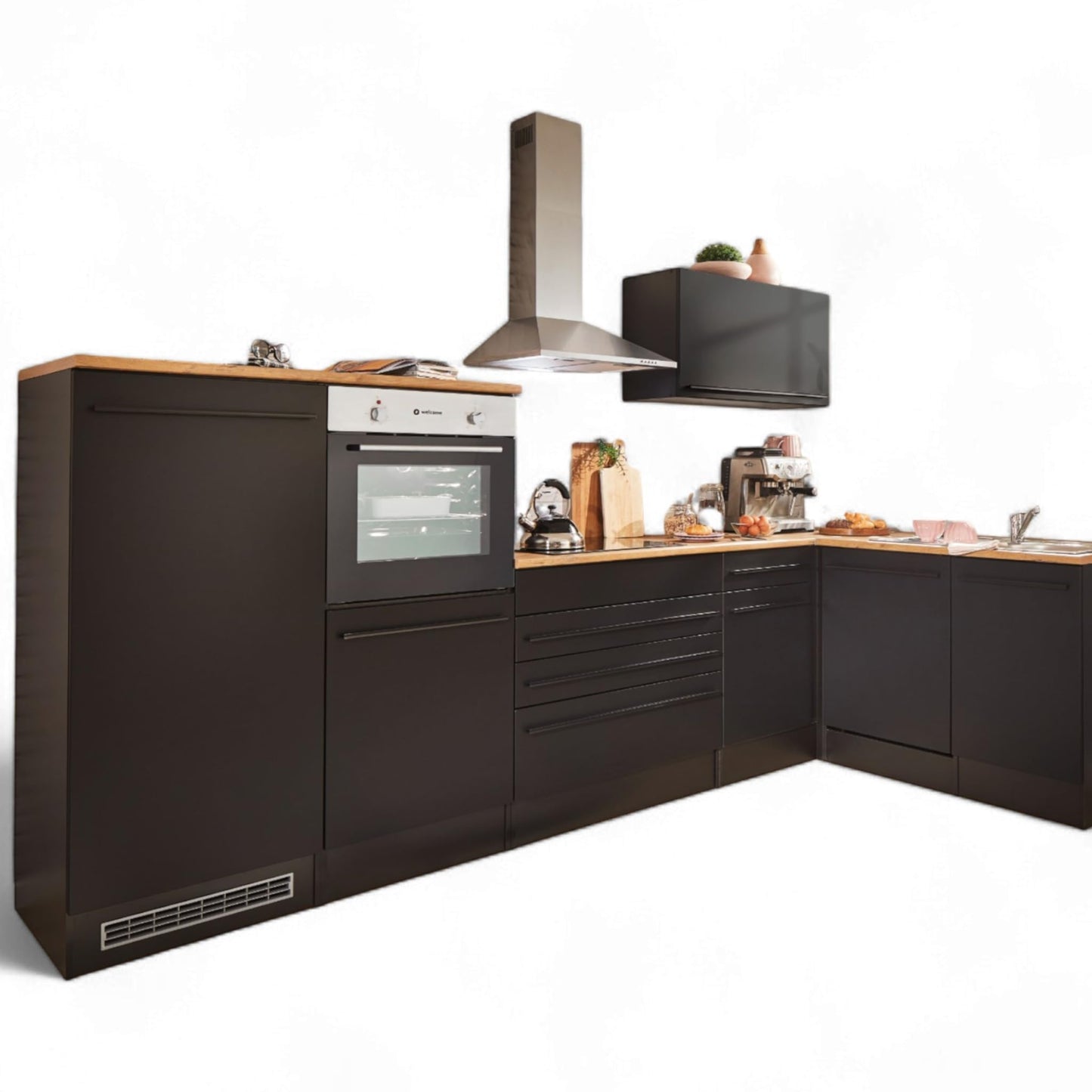 Jazz 4 Modern Corner Kitchen with Electrical Appliances in White High Gloss, Metallic Grey - Spacious Kitchen Unit in L-Shaped with Lots of Storage Space - 320 x 200 x 60 cm (W x H x D)