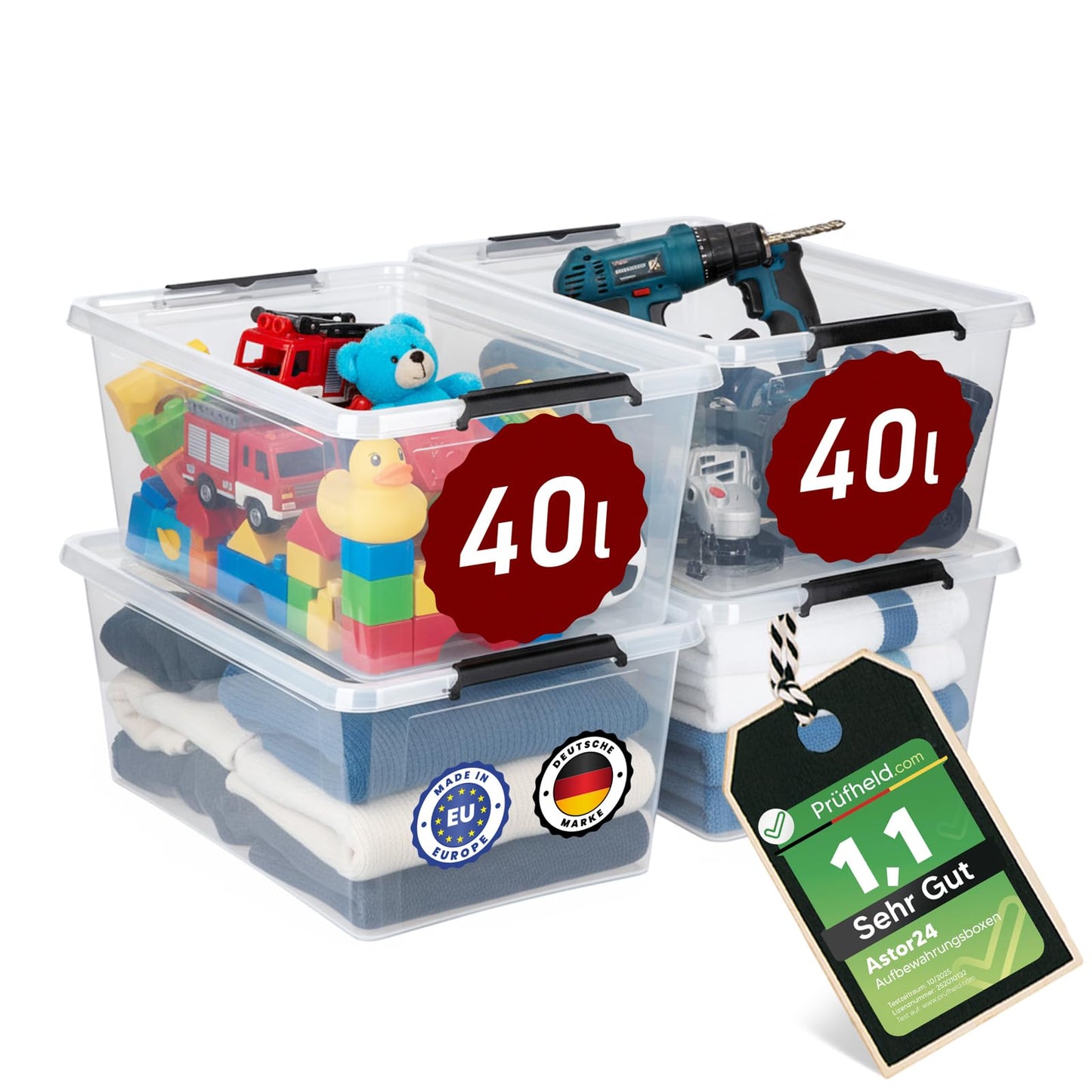 astor24 Storage Box with Lid - Transparent Organiser 40 L - Food Safe - Stackable. Ideal for Office, Children's Room, Clothes Boxes - Kitchen - Workshop