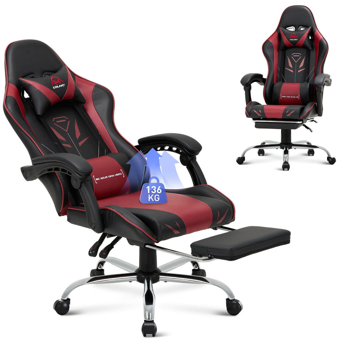 COLAMY Gaming Chair, Computer Chair with Footrest and Lumbar Support, Height-Adjustable Gaming Chair with 360° Swivel Seat and Headrest, Video Gamer PC Chair, Ergonomic High Backrest, Red