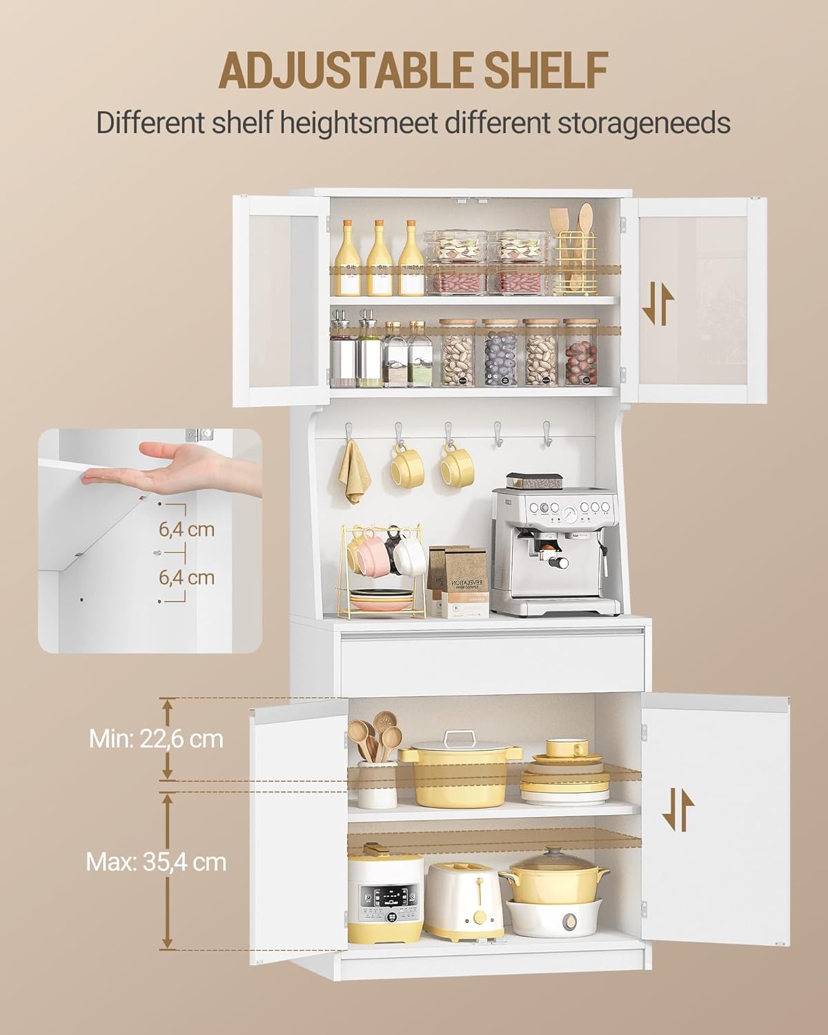 Hzuaneri PT40003X Kitchen Cabinets, Buffet Cabinet, Tall Cabinet with Worktop and 4 Storage Compartments, Adjustable Shelves, Suitable for Kitchen or Living Room, 40 × 75 × 180 cm, Hemp White