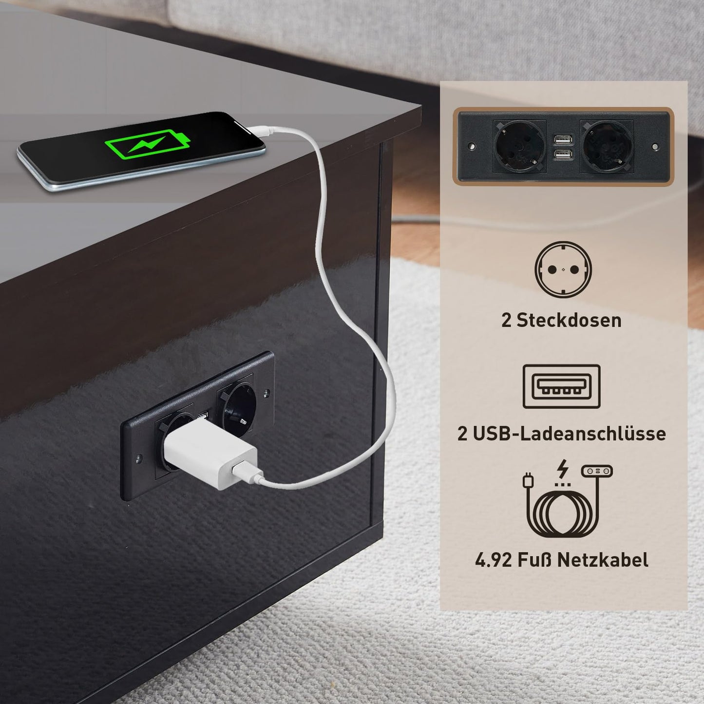 CLIPOP High Gloss Coffee Table, Height-Adjustable Living Room Table, with LED Lighting, Adjustable Light Colours, Socket and USB, Side Table with Hidden Storage Compartment, Black