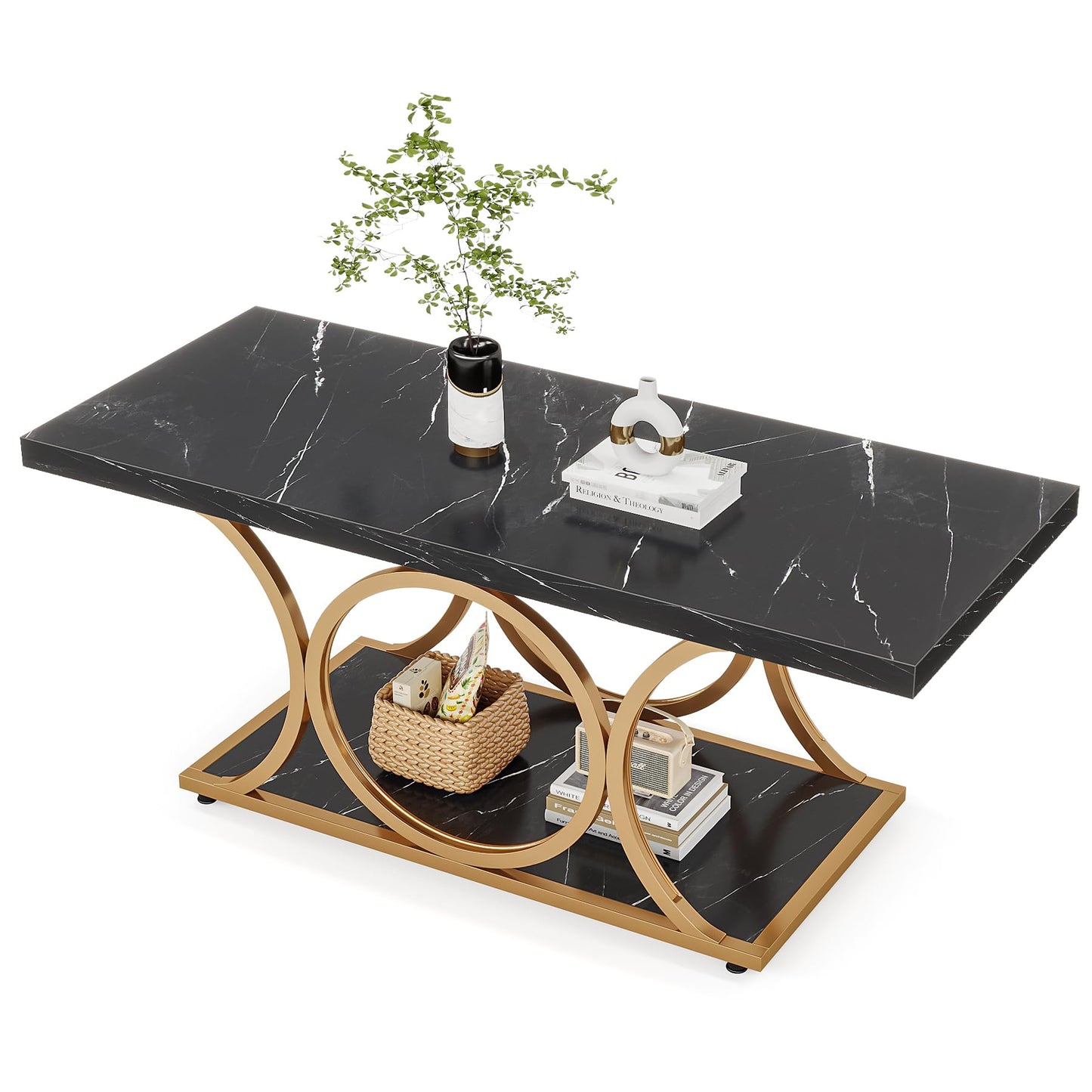 Tribesigns Rectangular Coffee Table, 120 cm Modern Living Room Table, 2-Tier Faux Marble Coffee Table with Geometric Legs, Furniture with Storage Compartment (Black and Gold)
