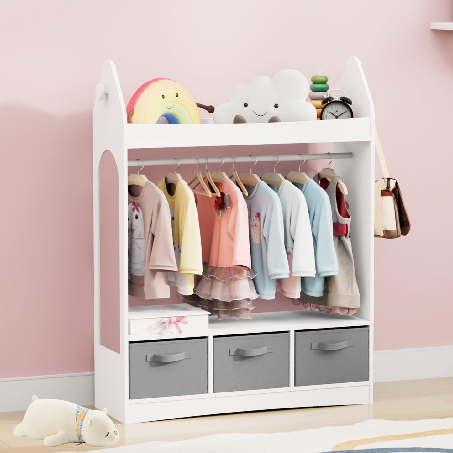 Children's Clothes Rack with Mirror, Clothes Rail with Shelves, Children's Wardrobe Wood, Children's Shelf for Children's Room, 81 x 28 x 106.5 cm (Clouds with 2 Drawers, White)