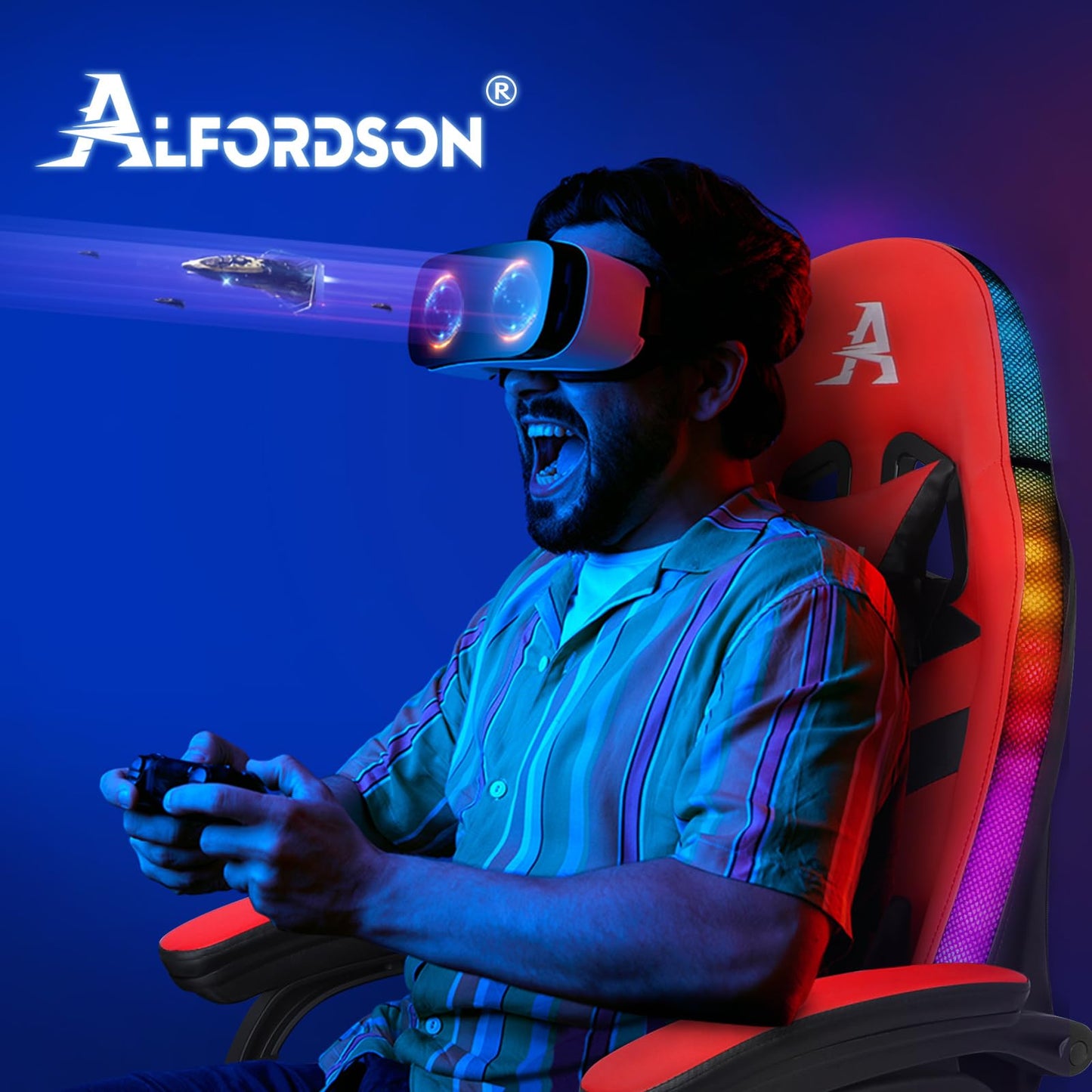 ALFORDSON Gaming Stuhl mit 8-Punkt Massage 12 Farben RGB LED-Licht, Bürostuhl Ergonomisch mit fußstützen, Kopfstütze Lendenkissen für Kinder Erwachsene, Schwarz
