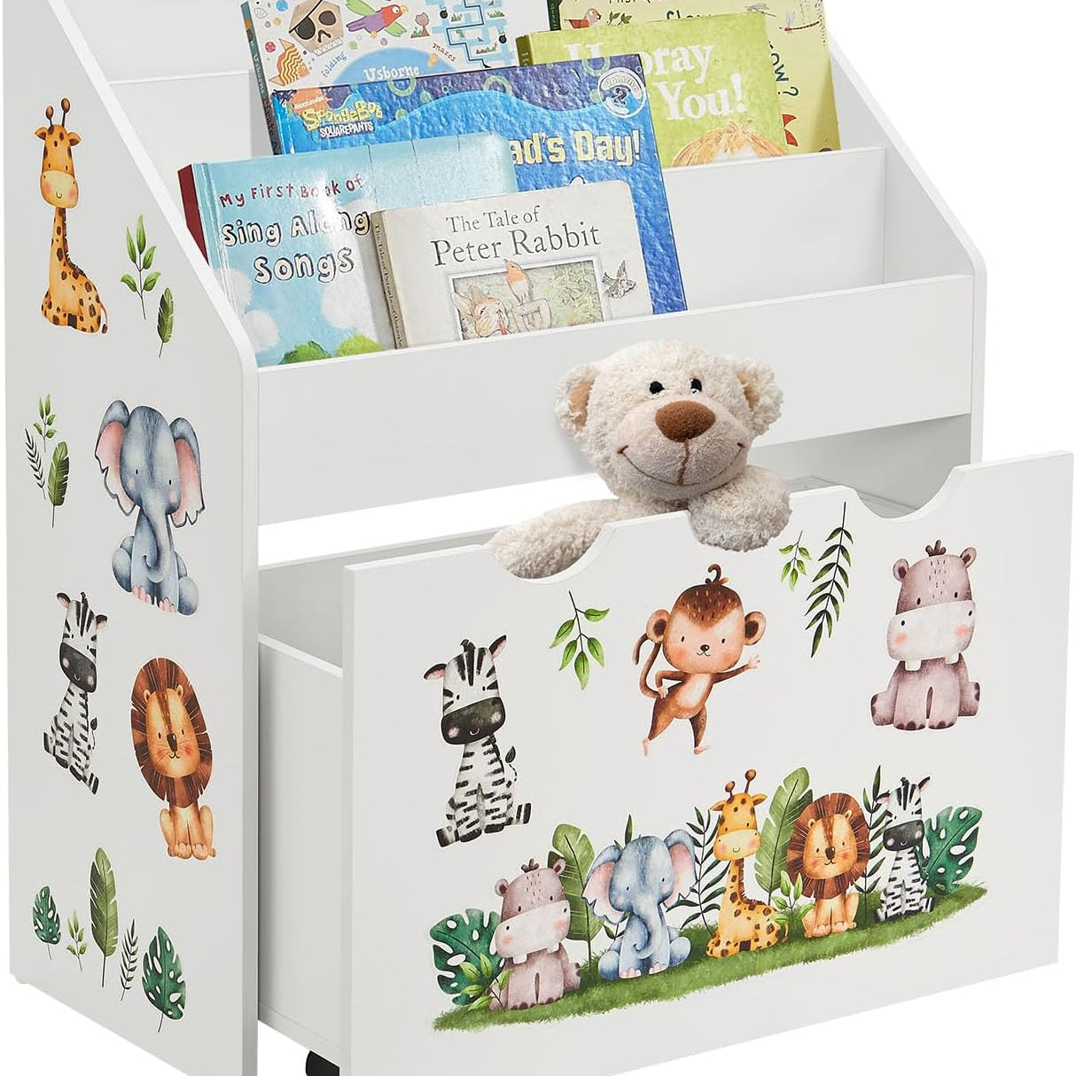 Juskys Children's Bookcase with 3 Compartments & Toy Box - Wooden Shelf 63 x 30 x 70 cm BTH - Storage of Books & Toys in the Children's Room - White