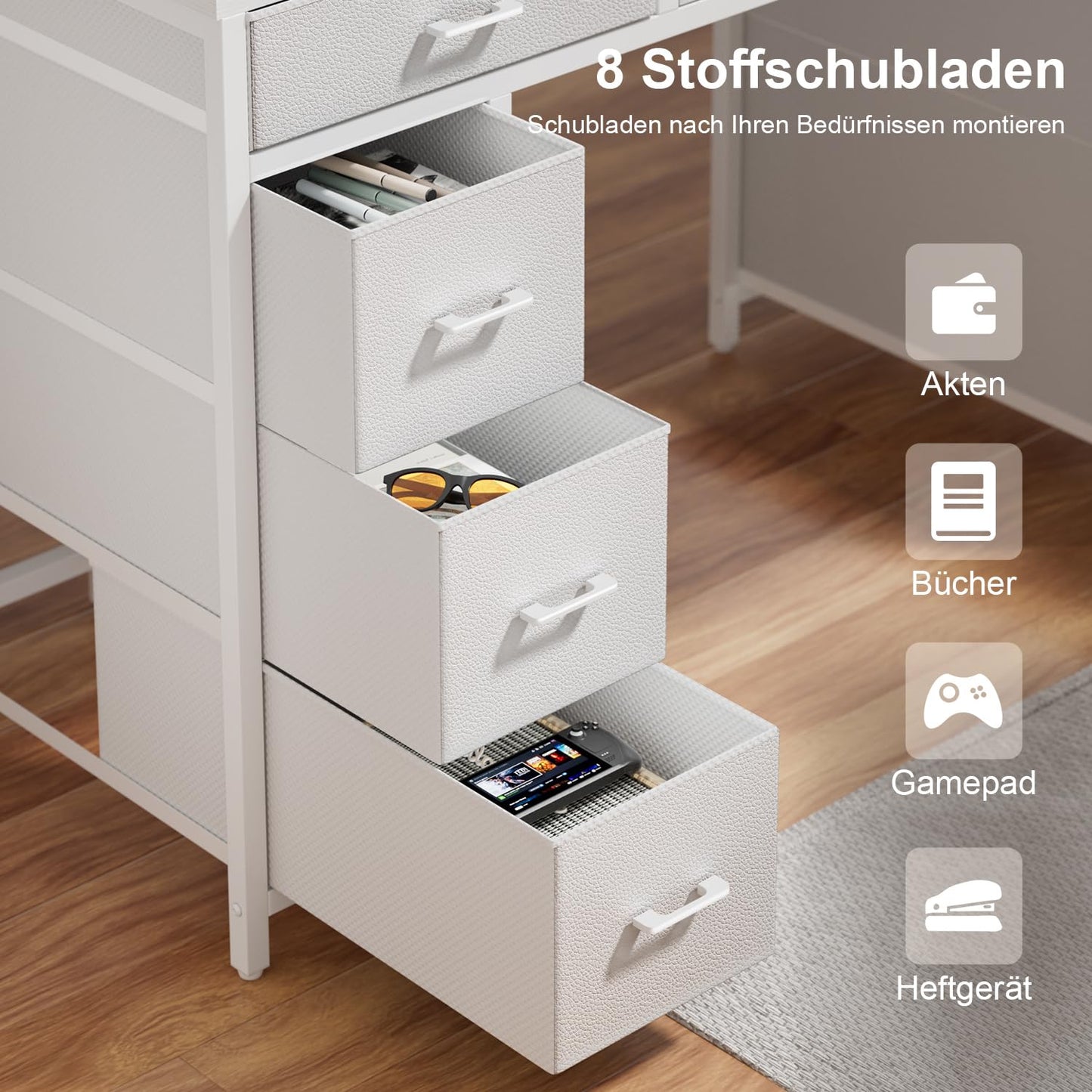 Schreibtisch mit 8 Schubladen, Computertisch mit 2 Steckdosen und 2 USB Ladeanschluss, Bürotisch mit LED und Monitorständer, PC Tisch für Büro, Wohnzimmer, 120 x 50 x 74 cm, Weiß