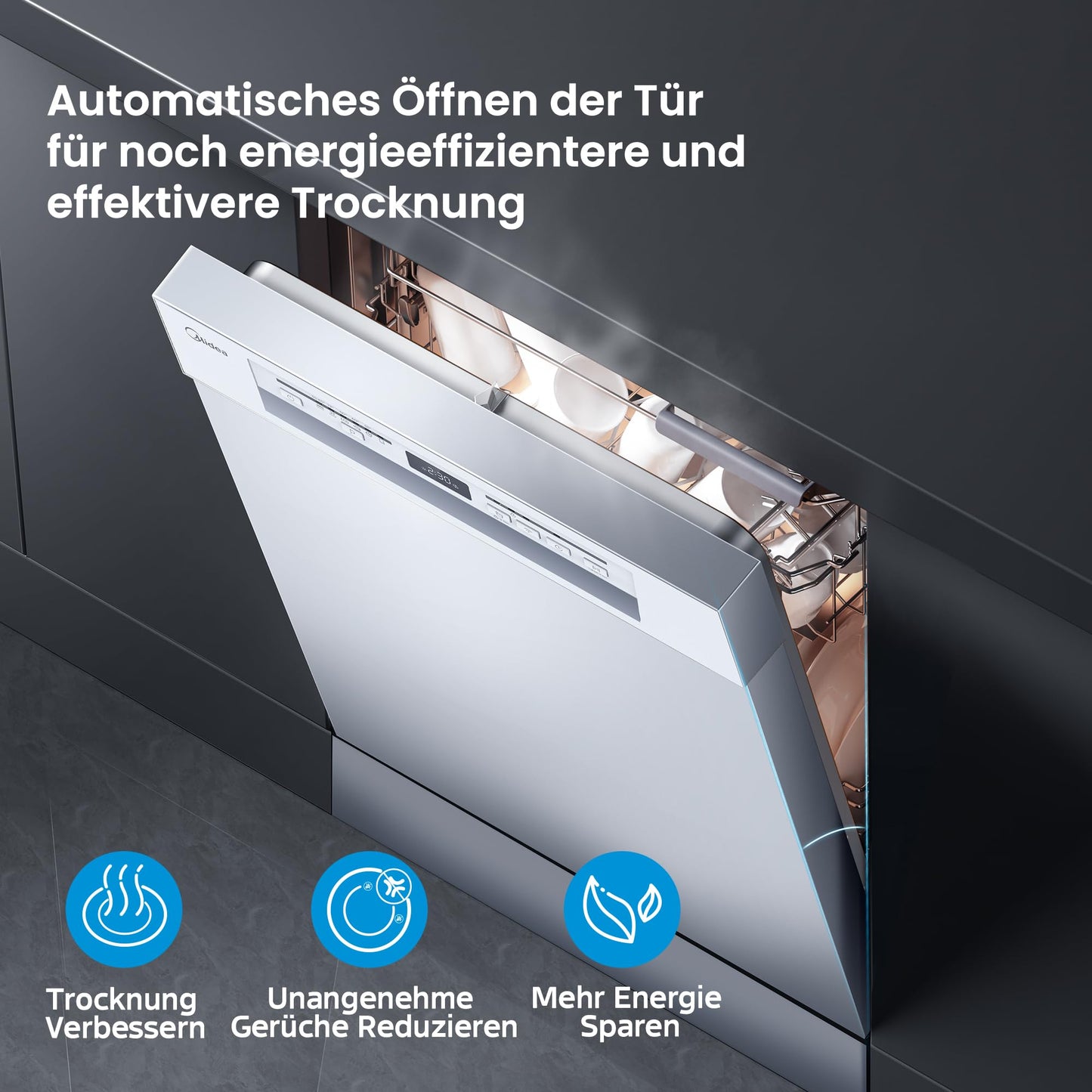 Midea SU 5.35X14CS Dishwasher Base, 14 MGD, Dishwasher 60 cm, Home Connect, Hygiene Care+, Machine Care +, Extra Drying, Half Load, 44 db, Start Delay, Stainless Steel