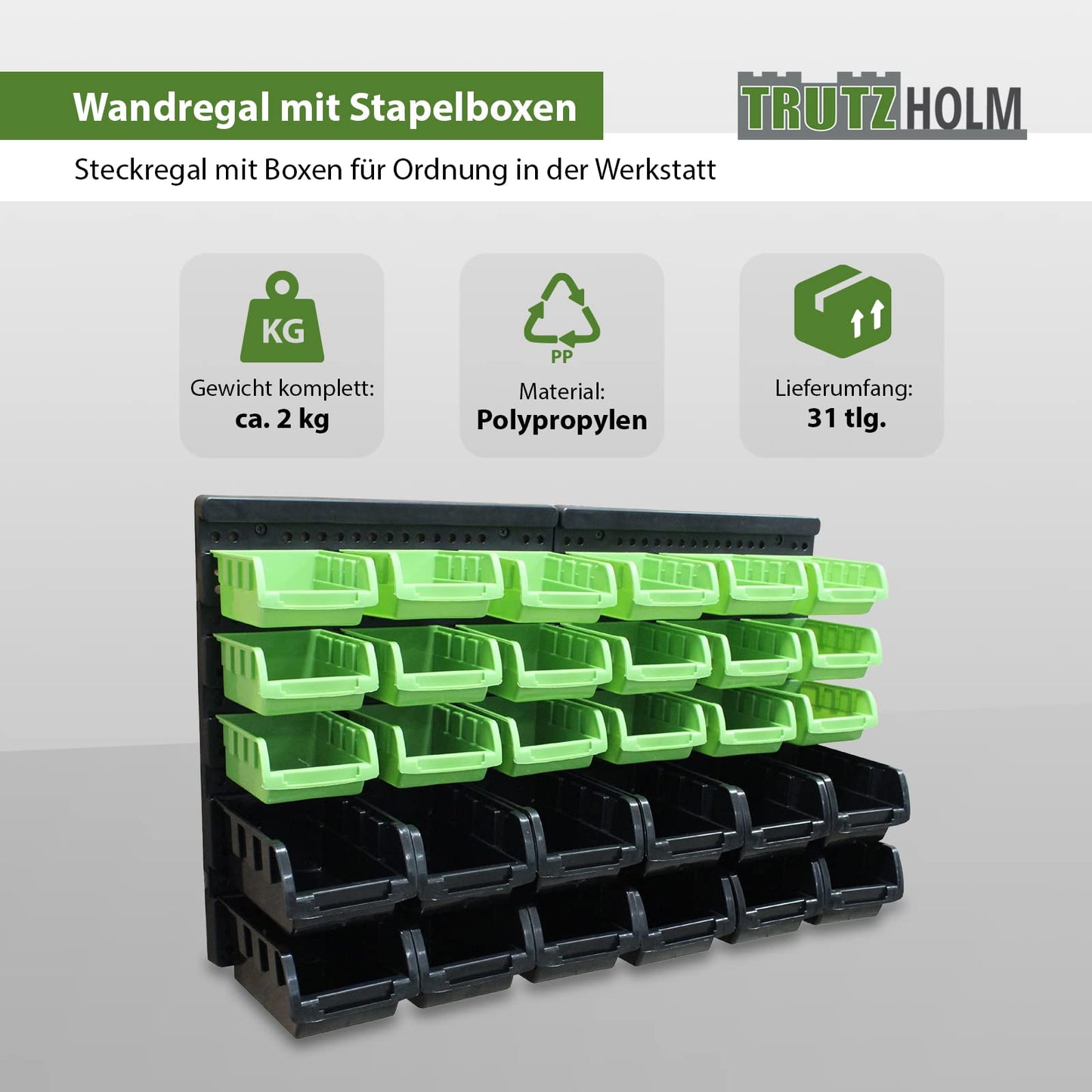 TRUTZHOLM Stacking Boxes with Wall Shelf, 32 Pieces, Small Parts Magazine, Storage Shelf, Assortment Box, Boltless Shelf, Sorting Boxes, Pours with Label Compartment (Red)